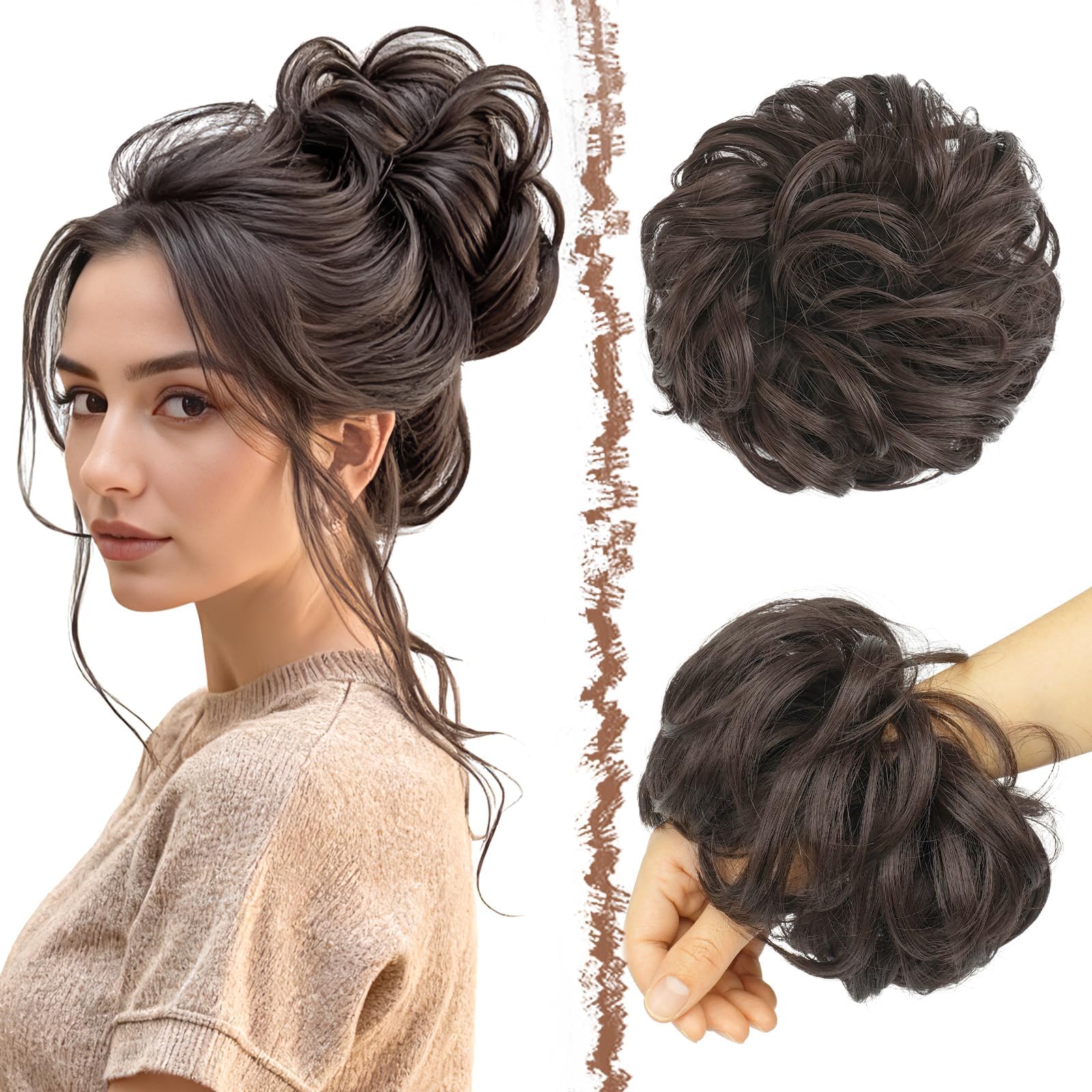 FESHFEN Large Messy Bun Hair Piece - Wavy Synthetic Chignon Scrunchies Elastic Ponytail Hair Extensions Thick Hairpieces for Women, Dark Brown 1.94oz