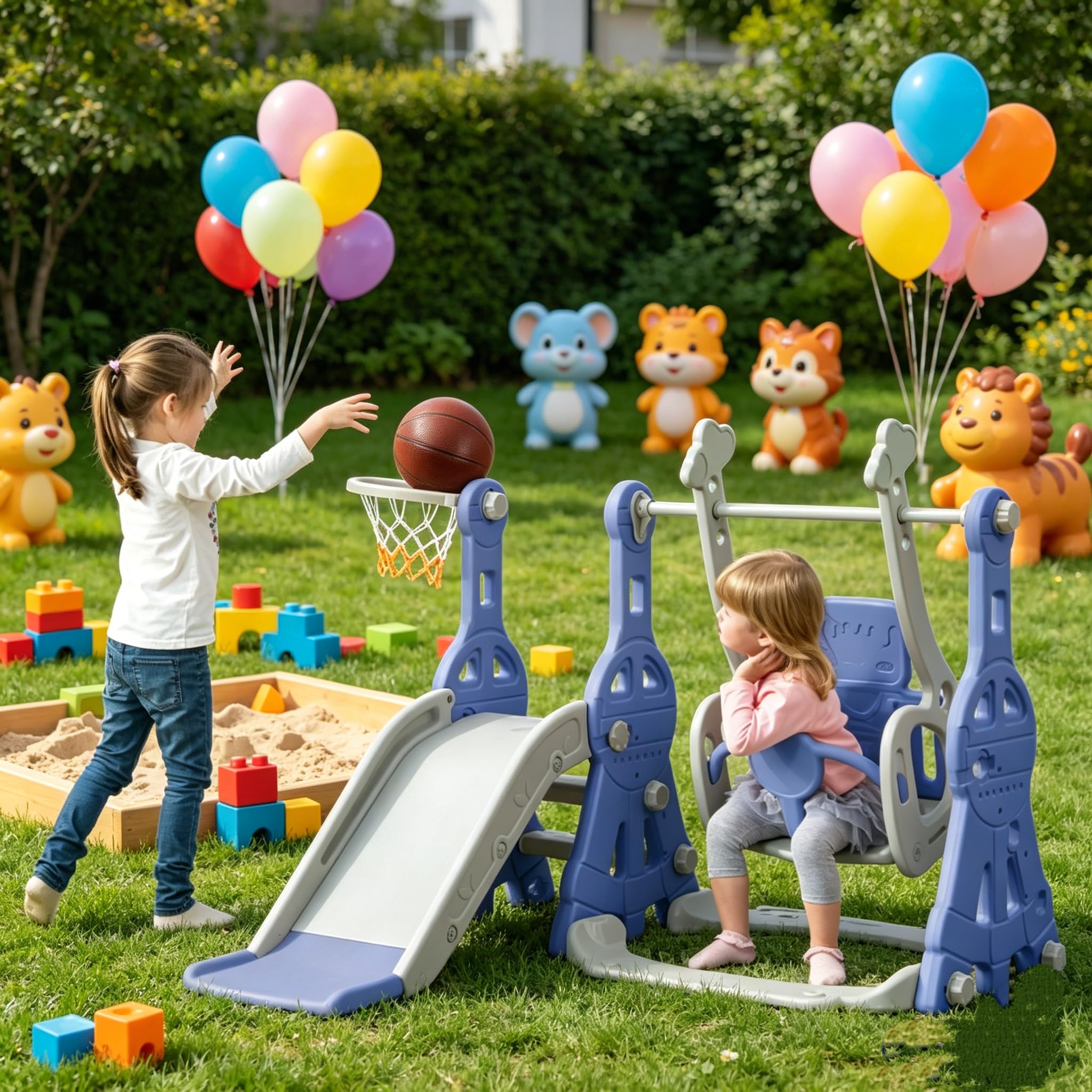 Tobogán 4 en 1 para niños,tobogán para bebé Columpio con tobogán, con Baloncesto Stand, Columpio, Escalera, para jardín, Interior, Exterior, Zona de Juegos tobogán Multifuncional, Azul 140x118x82 cm