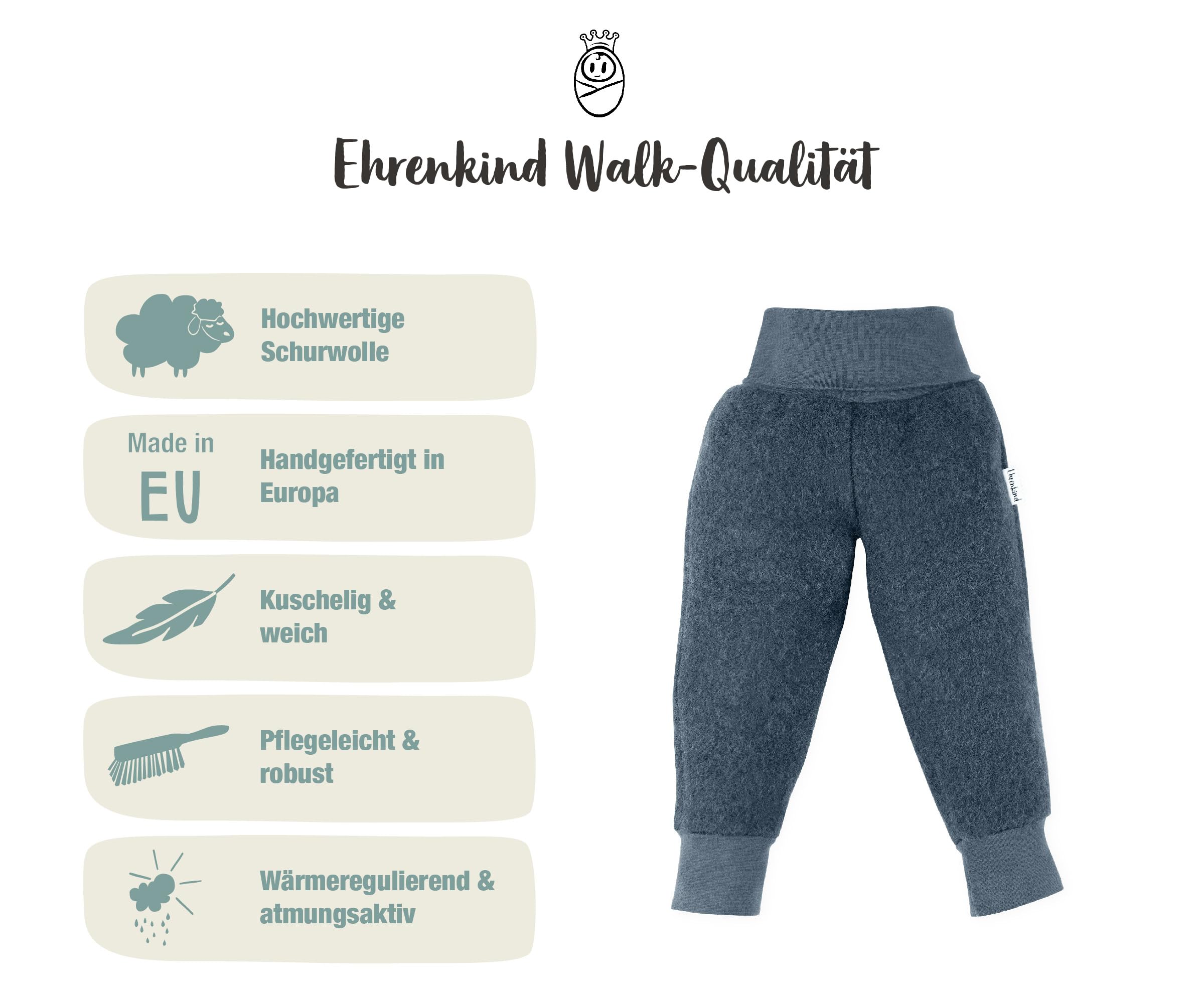 Ehrenkind® Walkhose aus Bio-Wolle & Bio-Baumwolle | Standard 100 by Oeko-TEX | Verschiedene Größen & Farben