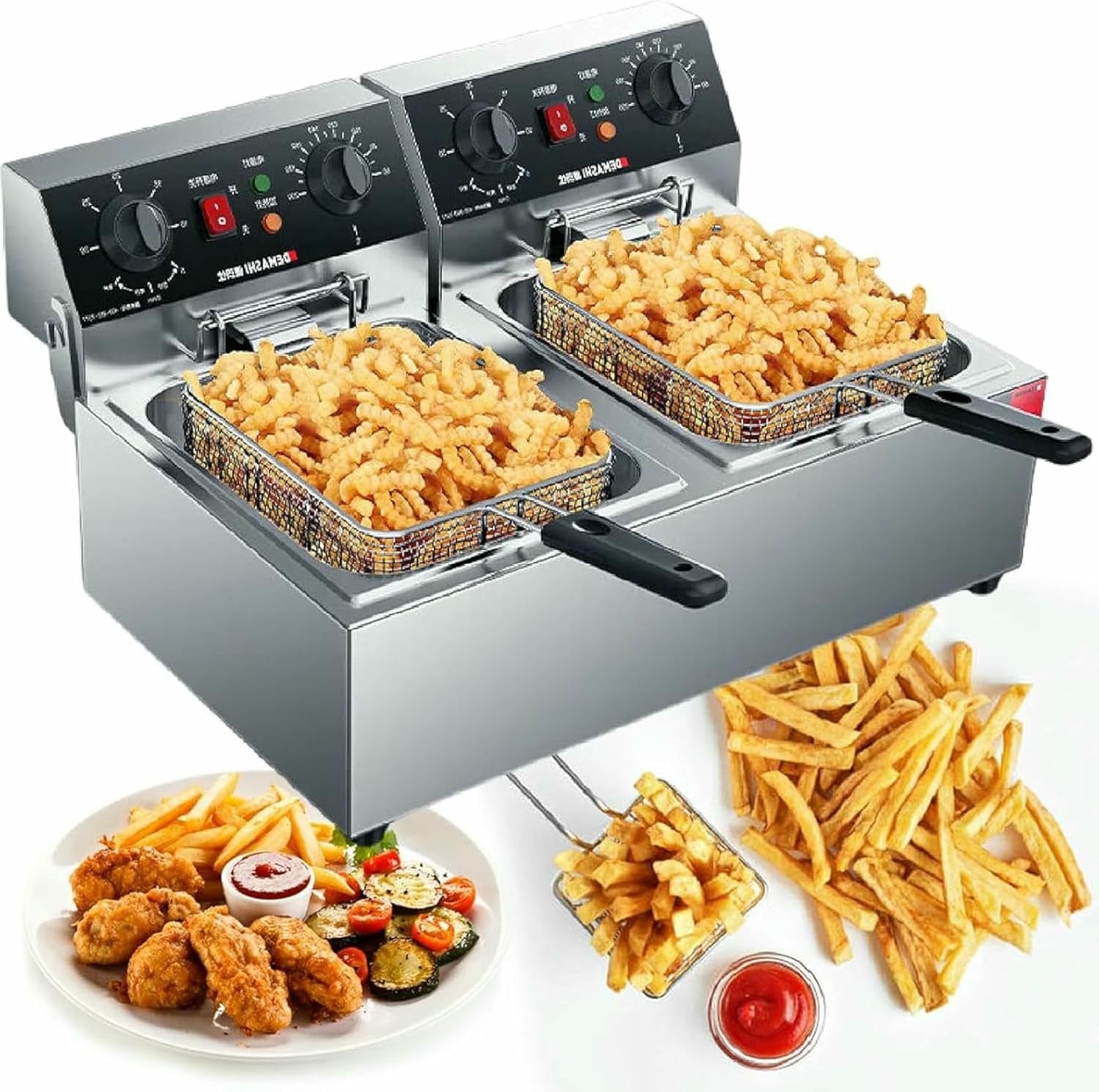 3000W Dual Tank Commercial Deep Fryer with Timer & Temp Control, 2x10L Stainless Steel Oil Tanks, Fast Heating for Restaurants, Parties~/