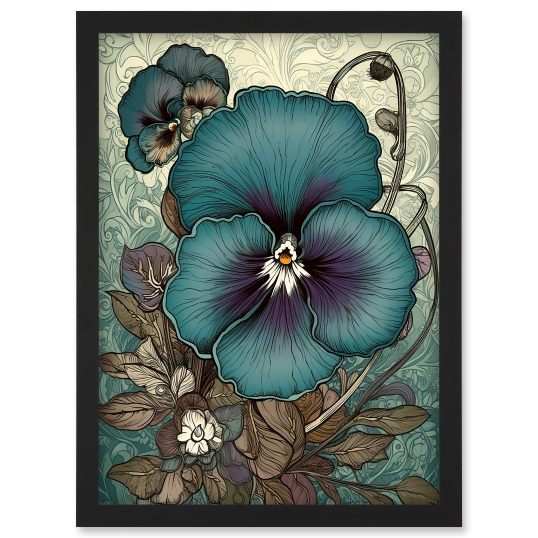 Artery8 Blue and Purple Pansy Flower and Floral Patterns Artwork Framed Wall Art Print A4