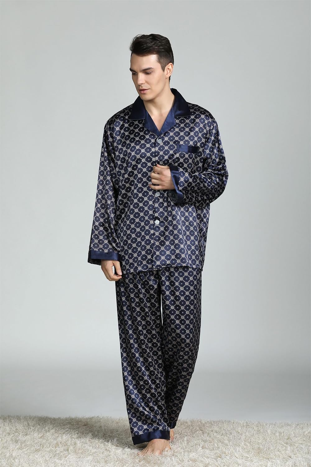 UNINUKOO Mens Pajamas Set Silk Long Sleeve Sleepwear Satin Button-Down Pjs for Men Two-piece Loungewear