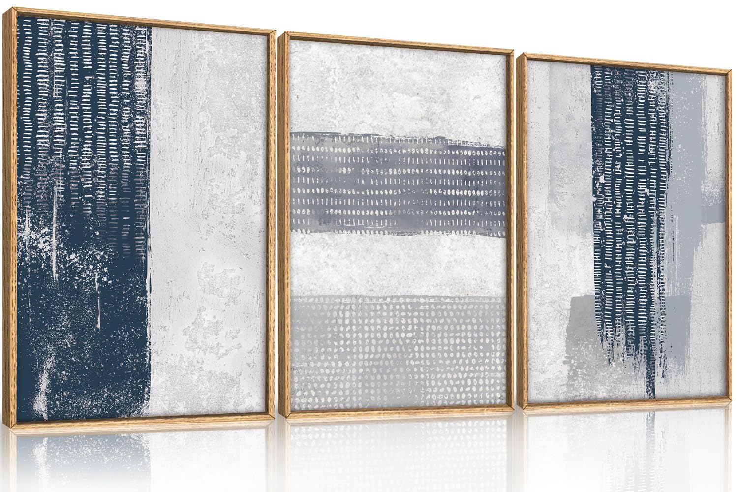 FWIEXA Navy Blue Abstract Wall Art Set Framed, Mid Century Modern Canvas Wall Decor, Grey and White Wall Painting, Minimalist Neutral 3 Piece 16x24 Inches Print for Living Room, Bedroom, Office