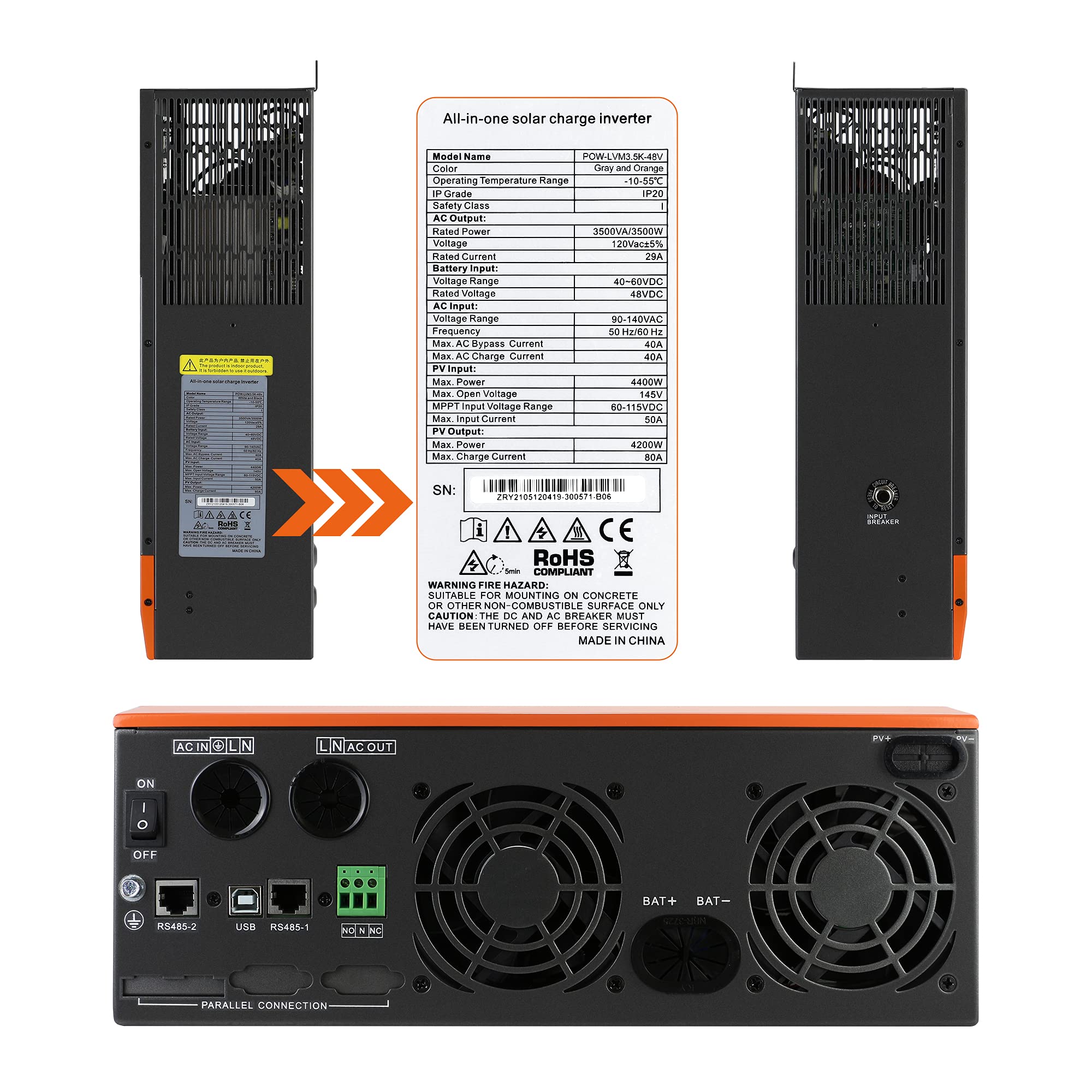 AllinONE Hybrid Solar Charger Inverter 48V 3500W Output 110Vac Off