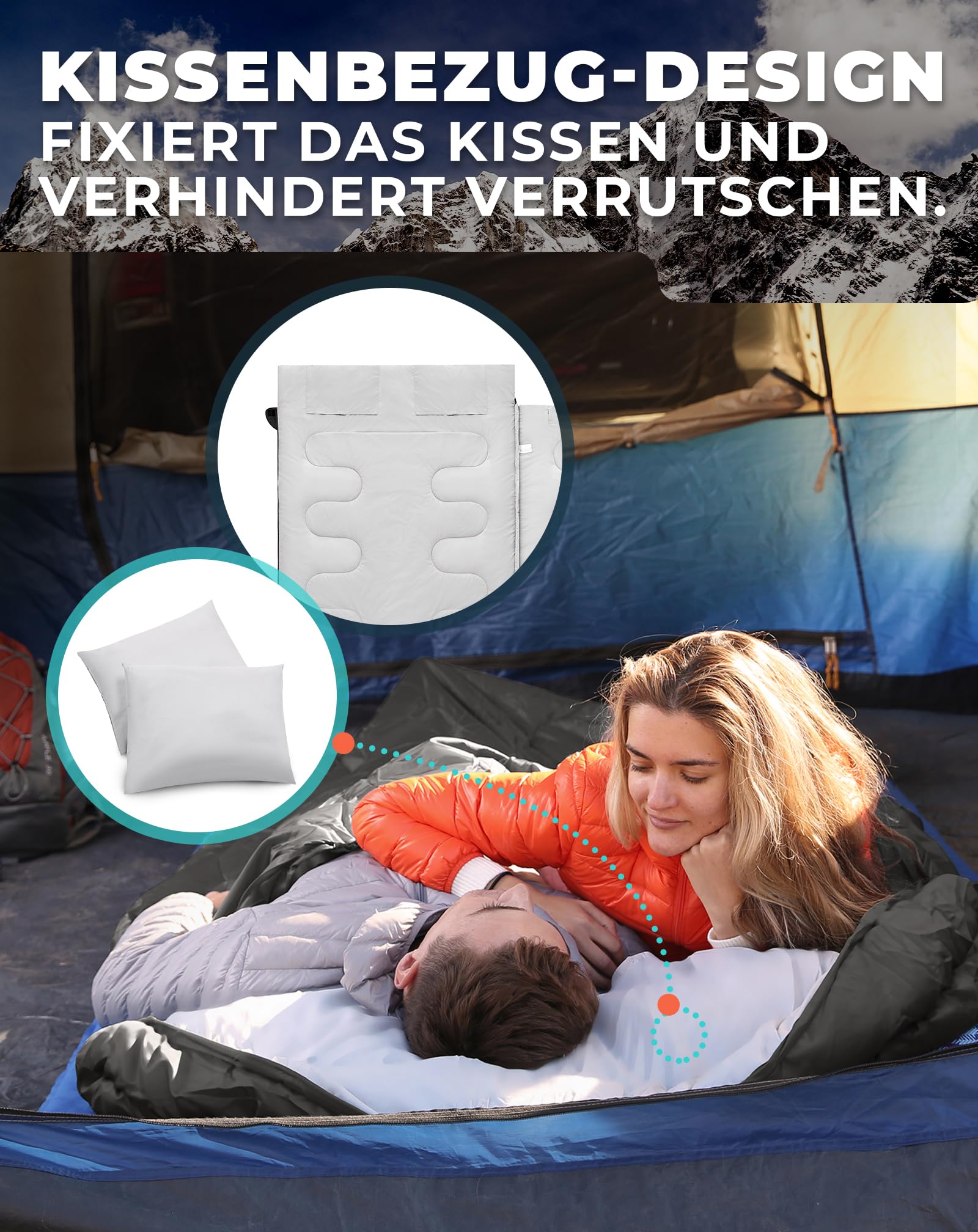 KingCamp Deckenschlafsack,Doppelschlafsack,220x150cm mit 2 Kissen,Schlafsack für 2 Personen,12℃ bis -3℃ für Familien, Camping und RV-Reisen