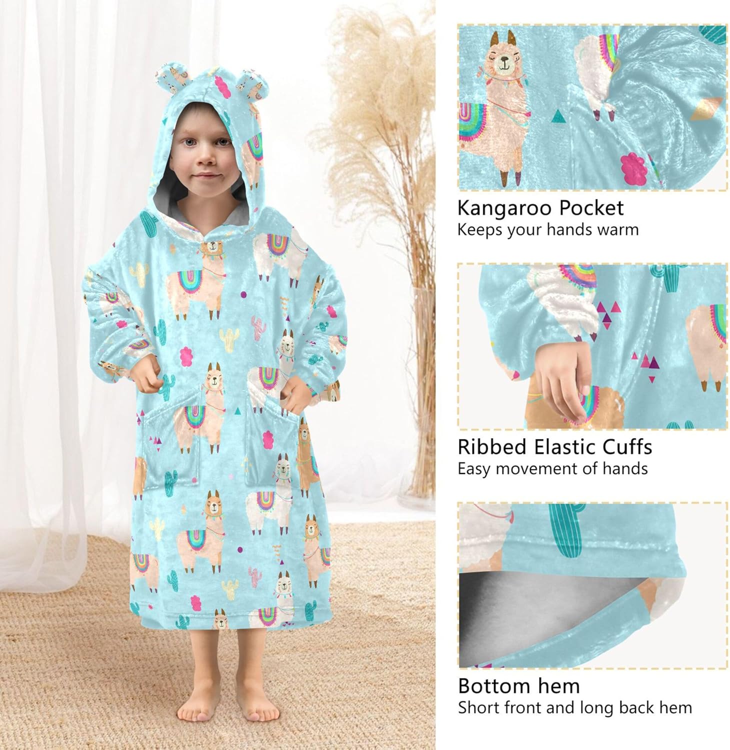 Cute Alpaca Kids Wearable Blanket Hoodie with Pocket and Sleeves for Toddlers, Cute Hoodies Girls Boys B0404041