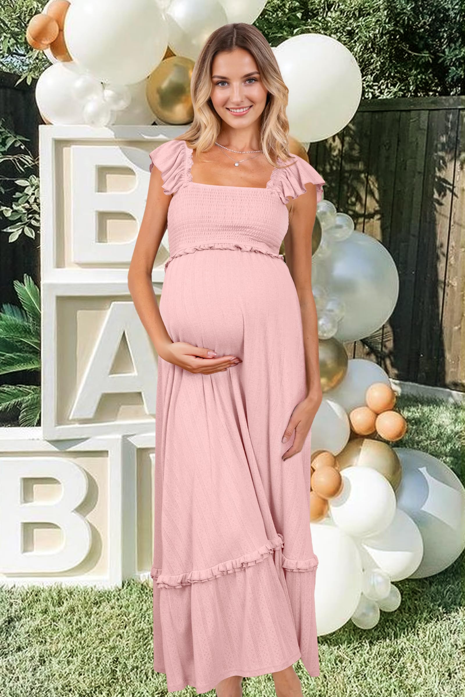 OUGES Femme 2025 Robe d'allaitement été Manches Volantes Boho Maxi Robe de Maternité pour Baby Shooting Photo Mode Grossesse