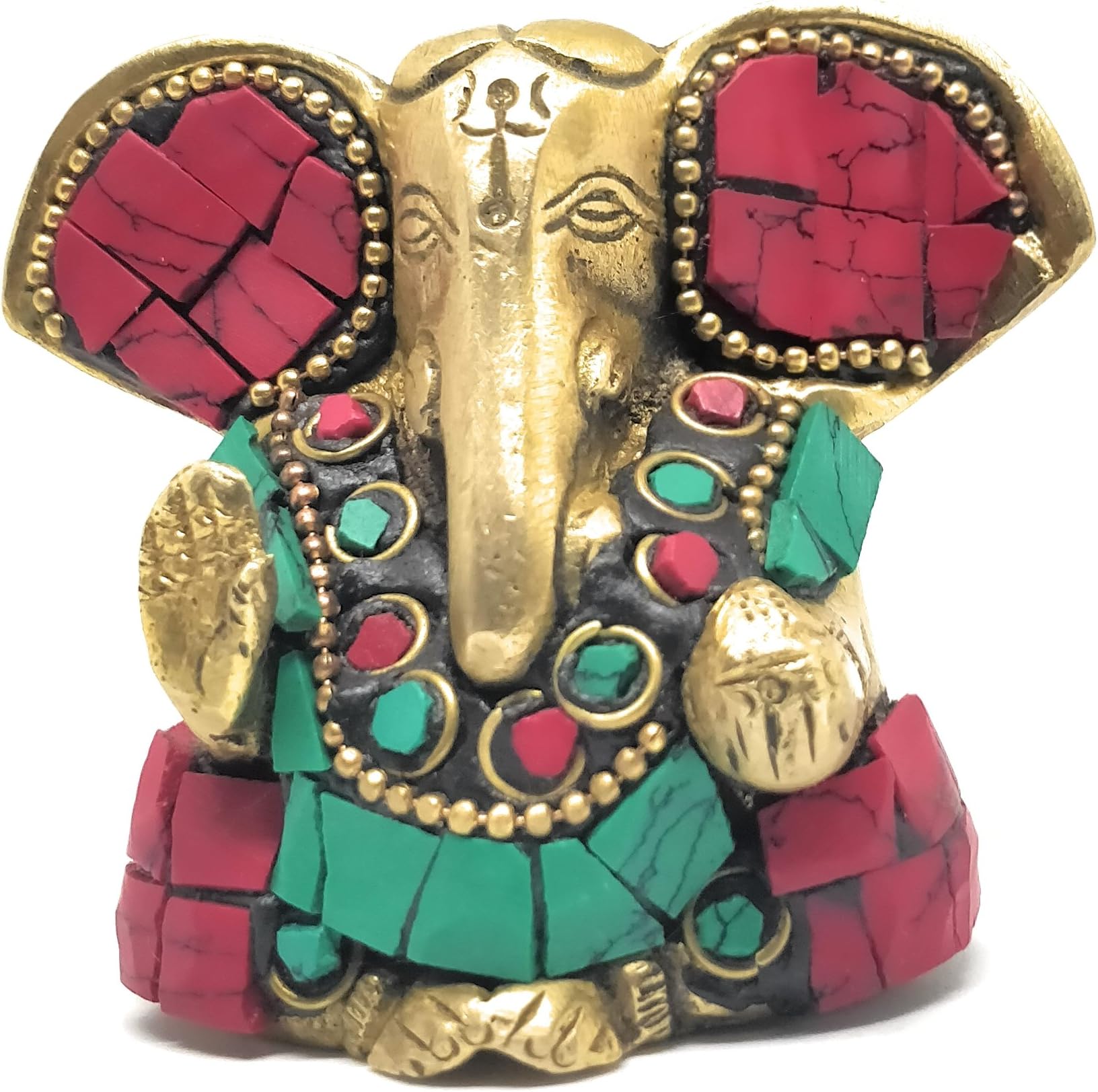 Beautifully Designed Hindu Religious God/Statue of Lord Ganesh (2.3 Inch Tall) in Solid Brass Metal with Turquoise & Gem-Stone Work, Ideal for Table Top/Home or Office Temple/Gifting