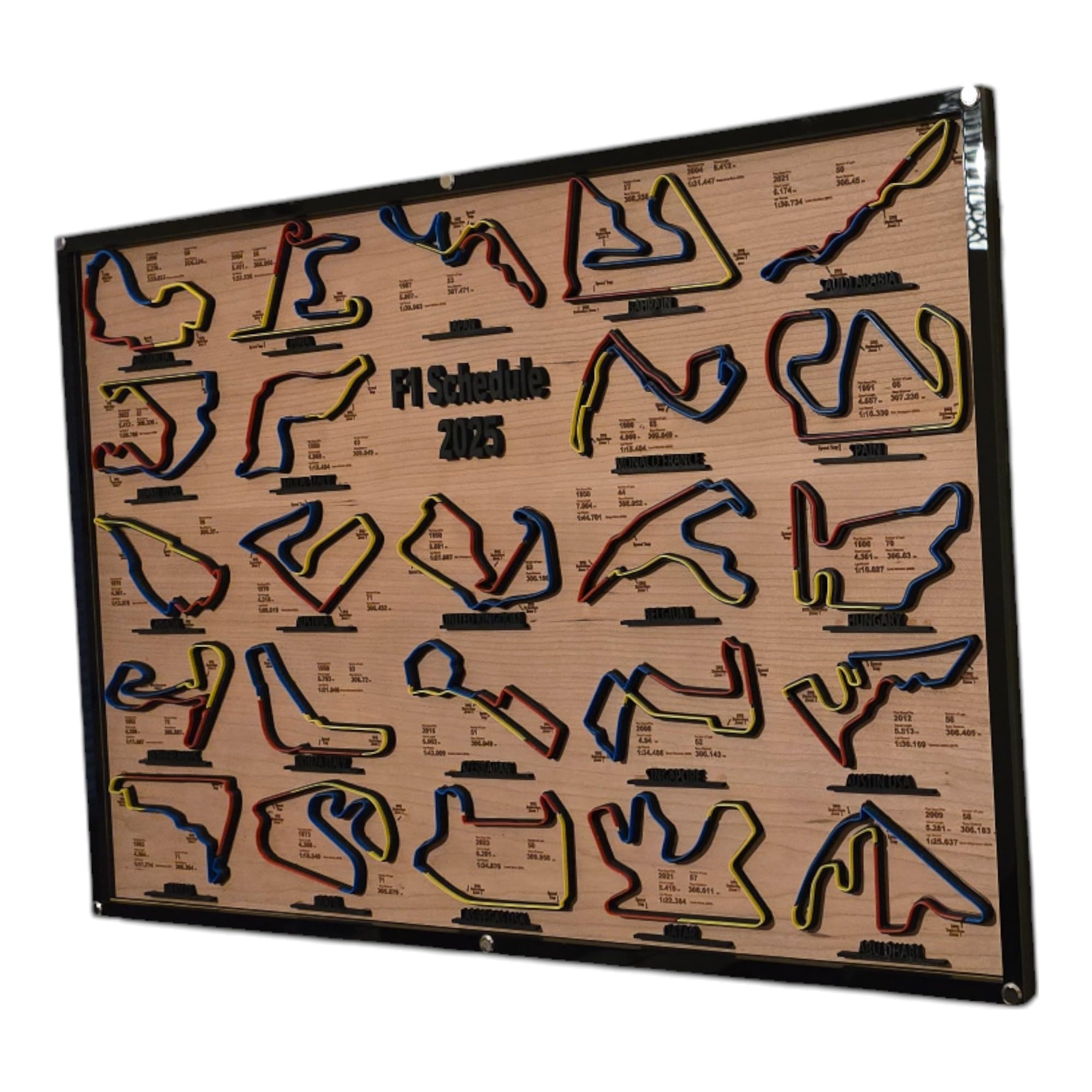 2025 Formula One Race Track Schedule, 3D Printed Circuits with Colour Sectors, Laser-Engraved Details, Wall Display