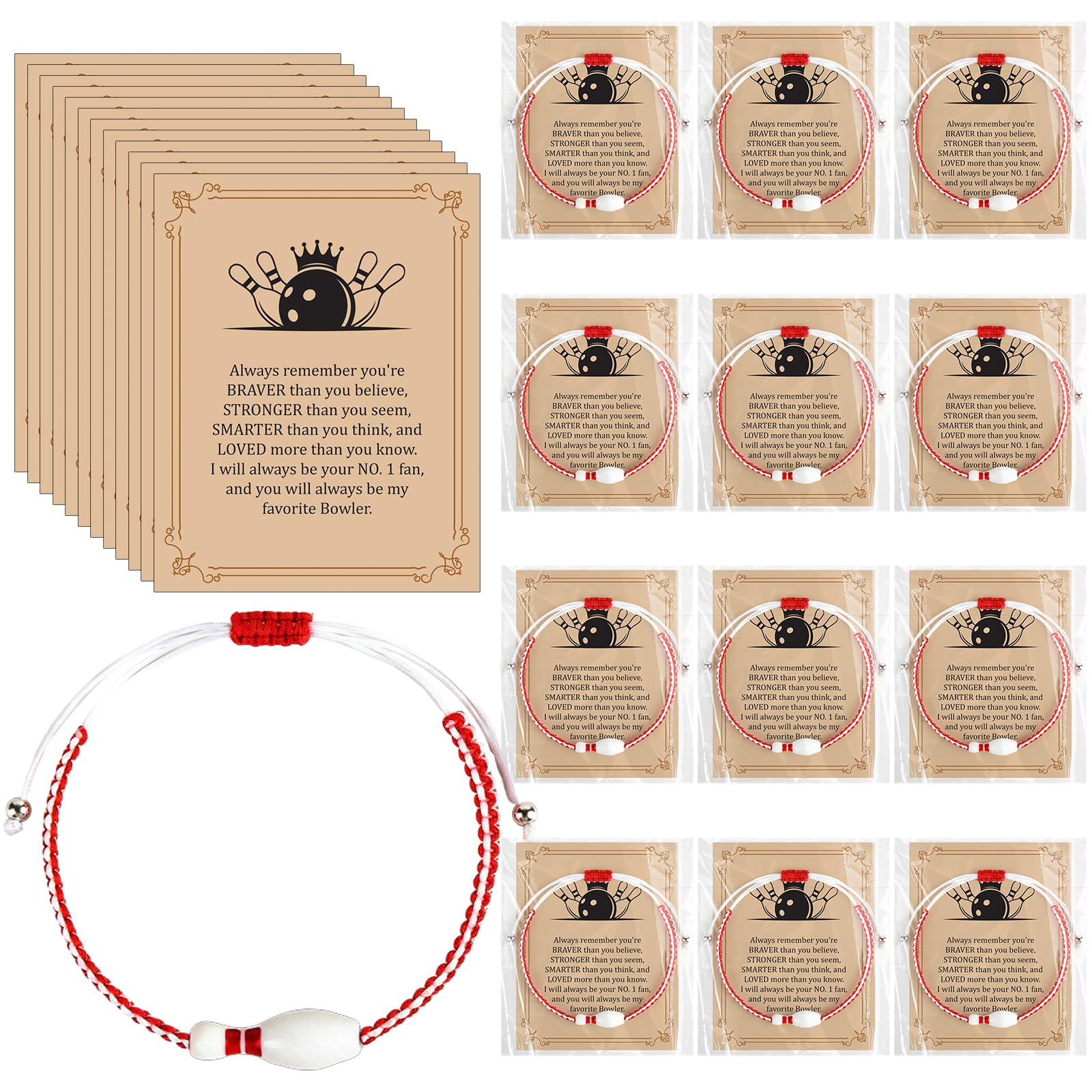 Unittype 24 Pcs Bowling Gifts Set Bulk with 24 Bowling Adjustable Bracelets 24 Cards for Women Men Adults Sports Team Gifts