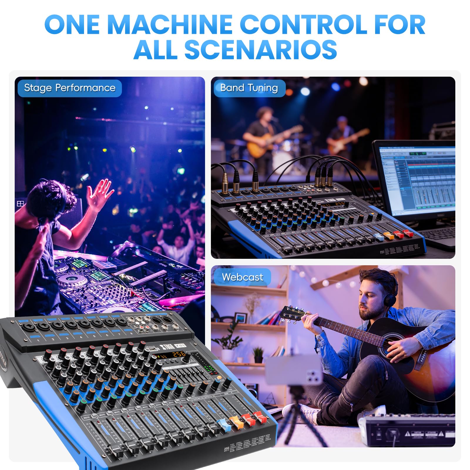 XTUGA KM8 - Mezclador de audio profesional de 8 canales, compatible con Bluetooth/USB/MP3, alimentación fantasma de 48 V, efecto DSP 256 para grabación de PC, karaoke, rendimiento de escenario