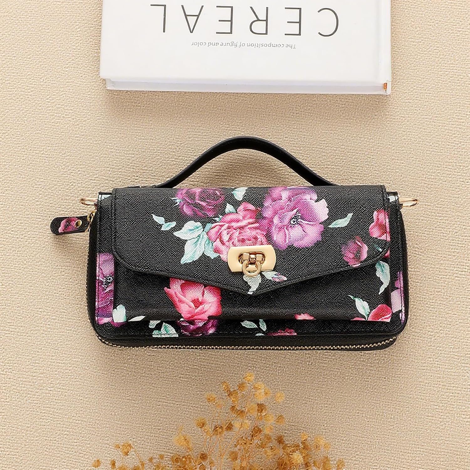Crossbody Wallet Case for iPhone 17 6.3", Magnetic Detachable PU Leather Case with RFID Blocking Card Holder, Wristlet & Shoulder Strap, Flip Zipper Clutch Purse for Women - Black F