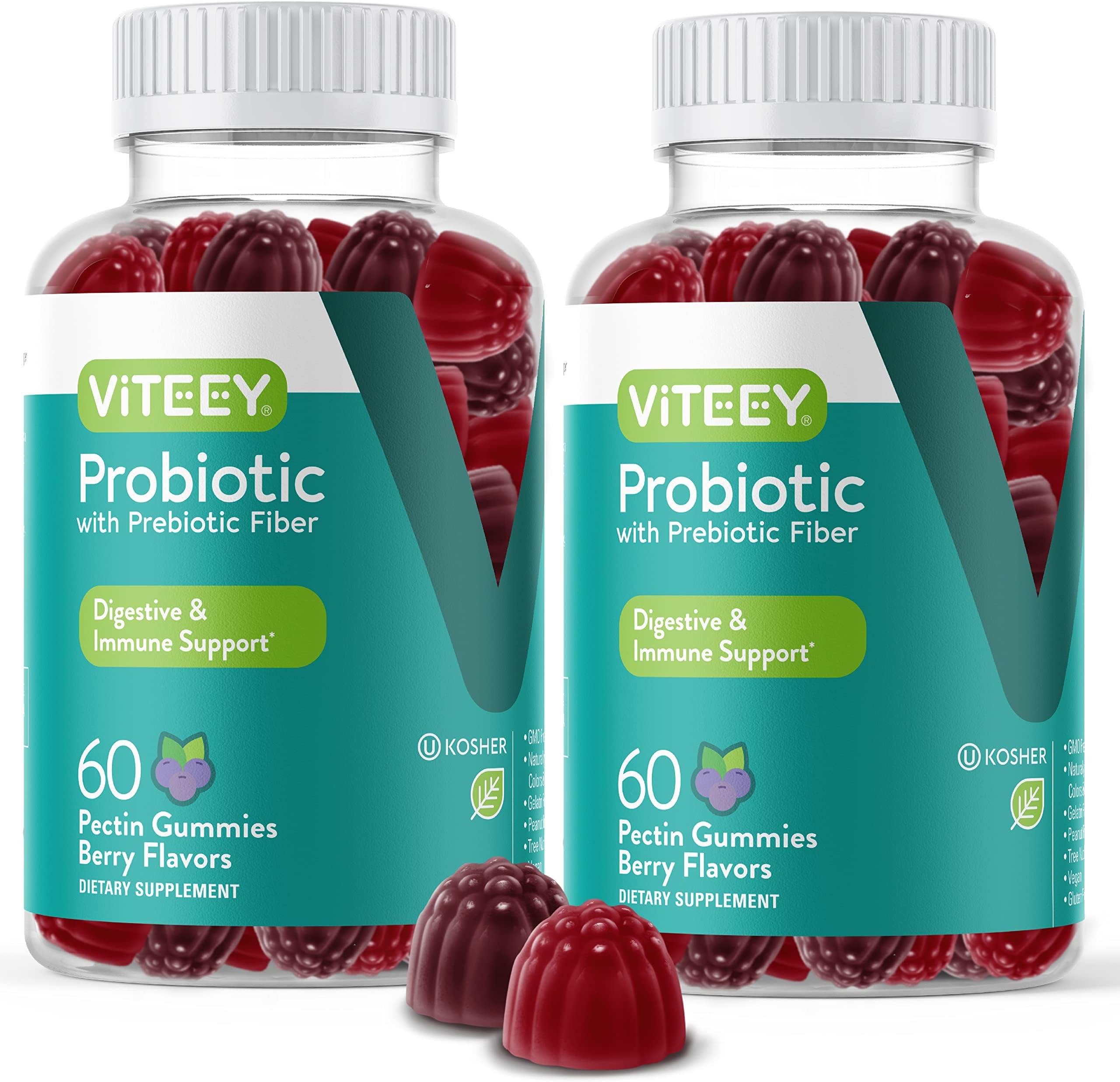 Probiotic Gummies wtih Prebiotics Fiber, Extra Strength 2 Billion CFUs - Prebiotics and Probiotics for Immune & Digestive Support - Vegan, Gelatin Free, GMO Free - Tasty Chewable Berry Flavored Gummy