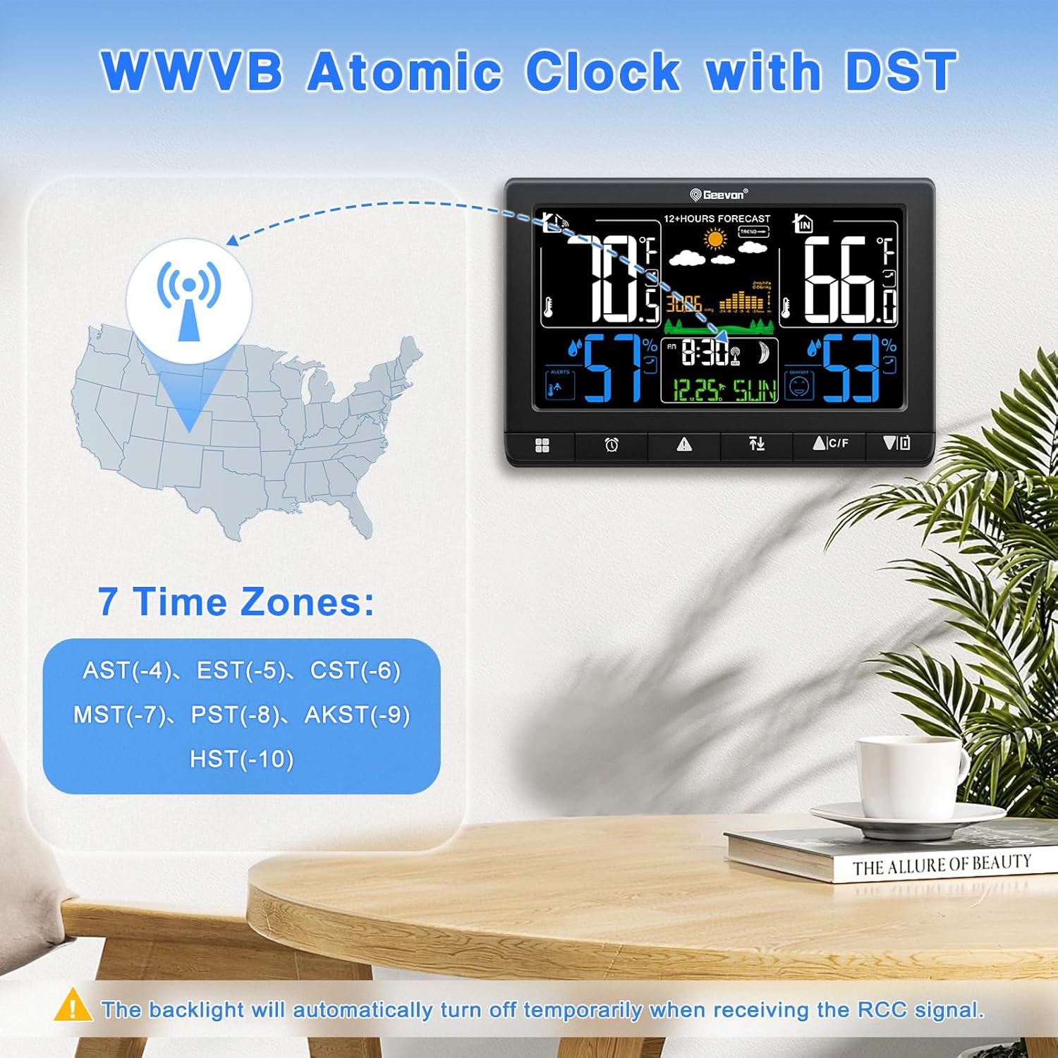 Map of the United States showing the WWVB signal coverage and a diagram of the weather station receiving the atomic clock signal, with a list of 7 time zones.