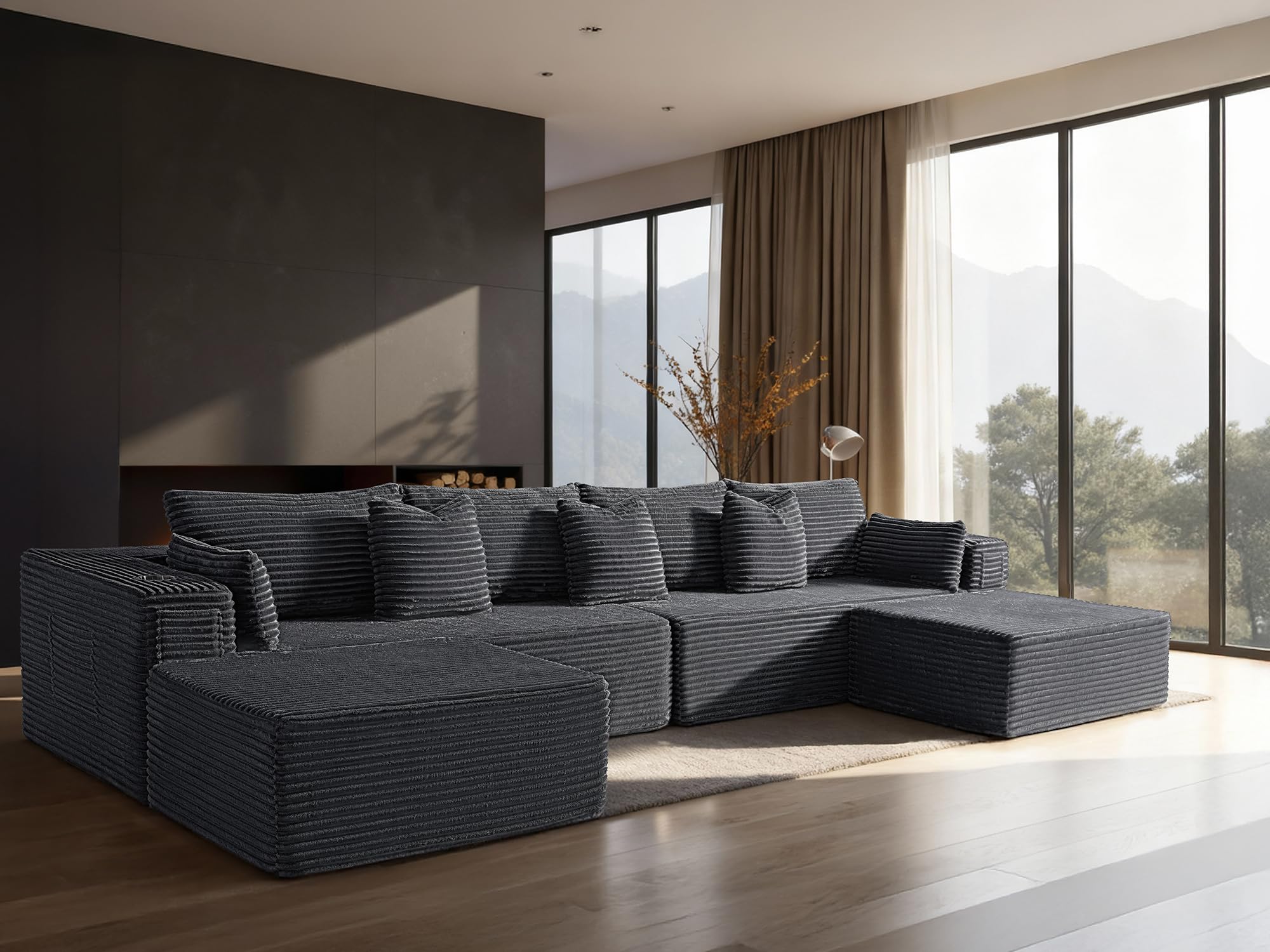 138" Cloud Sectional Couch, Comfort U Shaped Sofa for Living Room, Extra Deep Seats No Assembly, Minimalist Modular Couch, Corduroy (Dark Grey, 6 Seats,U-Shape A)
