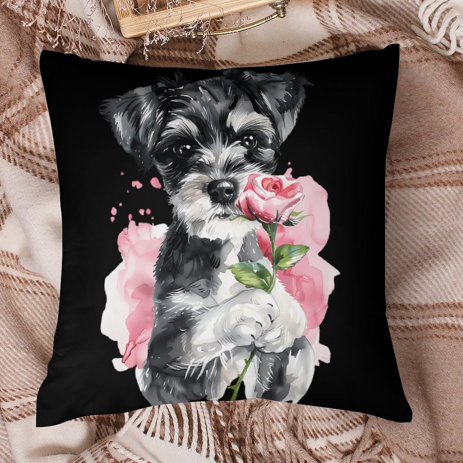 Watercolor Schnauzer Puppy Dog Rose Printed Throw Pillow Case 4 Pcs Soft Pillowcases Pillows Covers Sofa Bed Decor 12/14/16/17/18/20/22/24/32 Inches