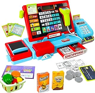 Joellfuner Electronic Toy Cash Register with Calculator Function, Cash Register Supermarket Cash Register Toy with Scanner / Credit Card / Play Money / Promoter / POS Terminal, Gift for Children from