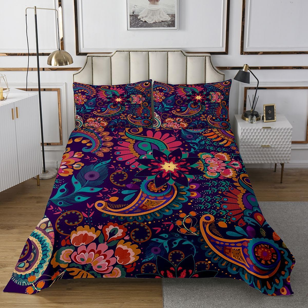 jejeloiu Paisley Bedspread 3 Pieces Queen Size Boho Paisley Coverlet Set Soft Cozy Floral Lightweight Quilted Coverlet for All Season with 2 Pillowcases Medallion