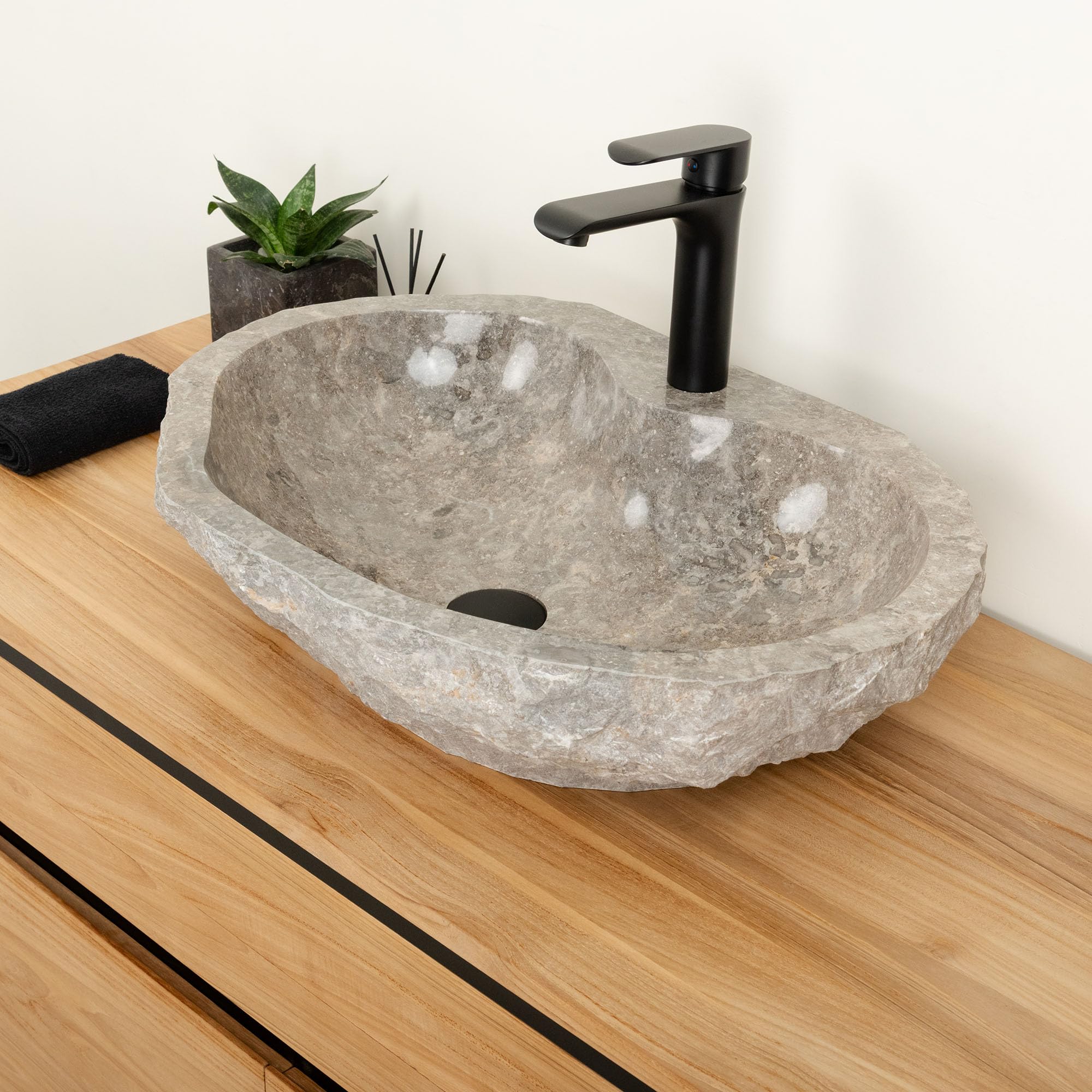 Marmor Aufsatz Waschbecken Erosi 60 cm Hahnloch grau Naturstein Bad Wohnfreuden