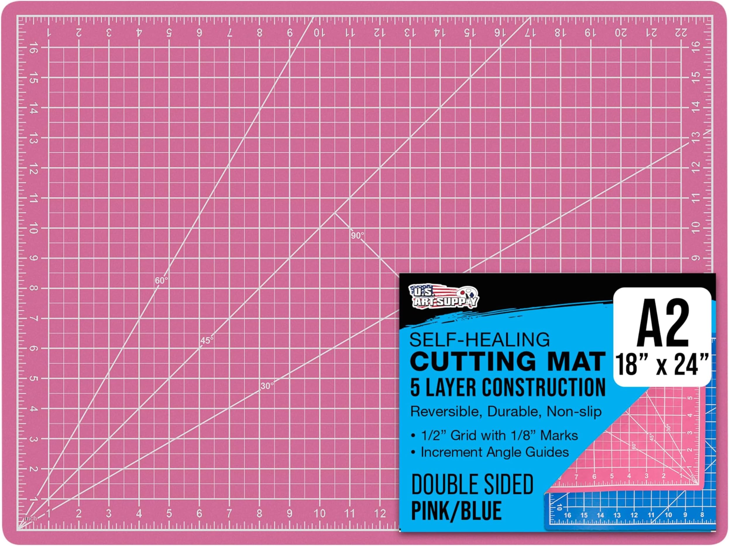 U.S. Art Supply 18" x 24" Self-Healing Cutting Mat 5-Ply - Double-Sided Pink/Blue Craft Mat, Non-Slip Cutting Mats for Crafts, Sewing, Quilting, Scrapbooking