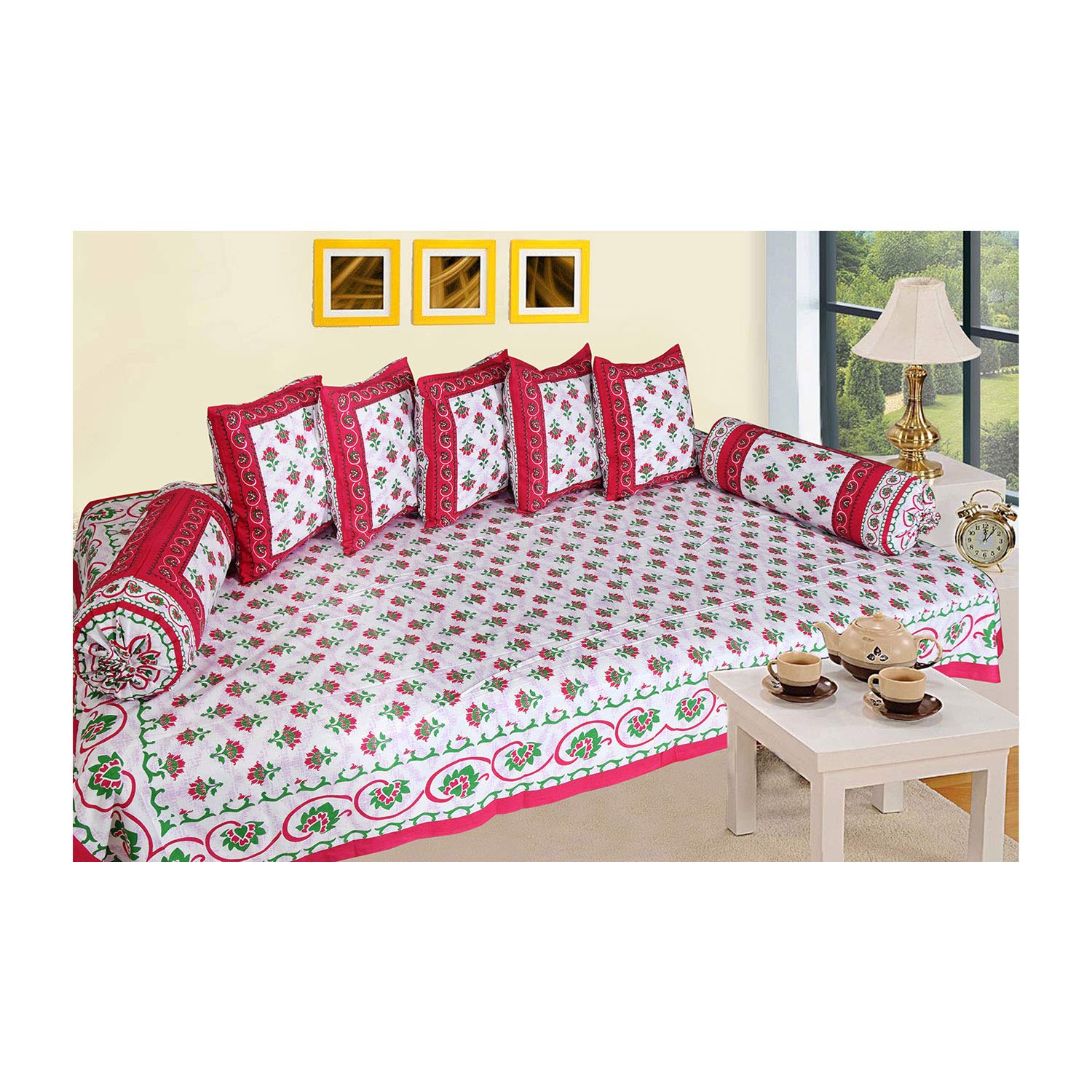 SkyKross - Everyday A New Thing Special Floral Printed Pure & Soft Cotton Diwan Cover Set |8 Pcs Set - 5 Cushion Cover,2 Bolster Cover,1 Bedsheet (Pink)