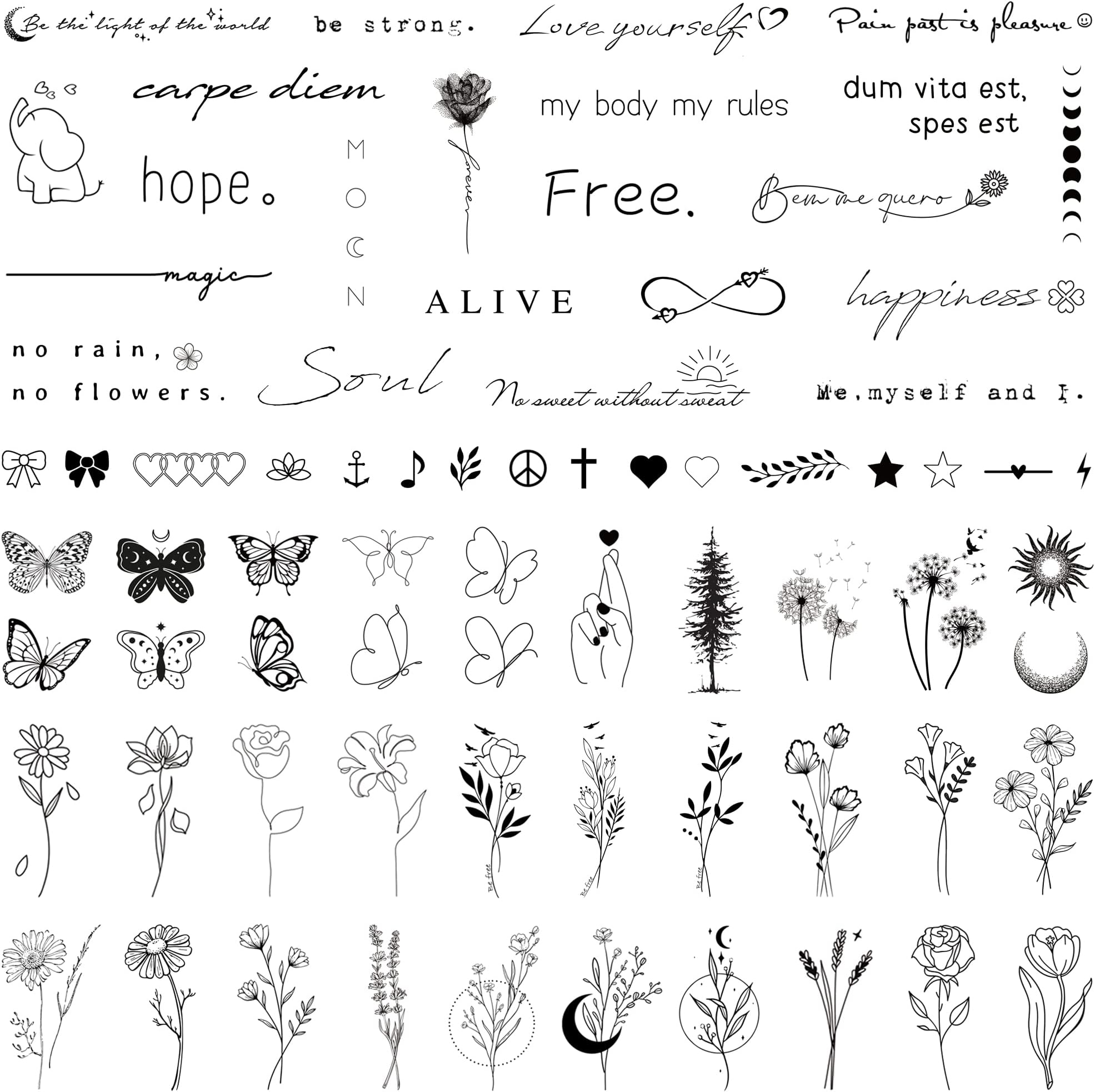 Realistic Temporary Tattoos for Women - 60 Sheets Tiny Small Removable Adult Fake Tattoos,185 Pcs Minimalist Waterproof Inspirational Quotes Words Wild Flower Floral Bouquet Adults Tattoo Stickers