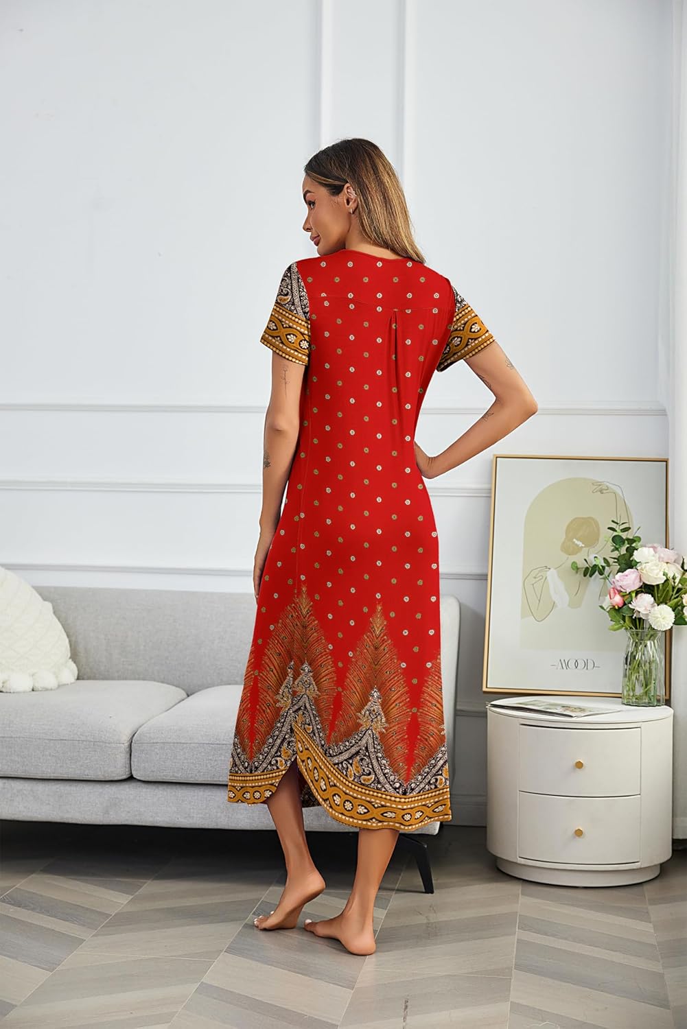 Ekouaer Long Nightgowns for Women Plus Size House Dress Short Sleeve Night Gown Pleated Full Length Loungwear S-4XL - Image 5