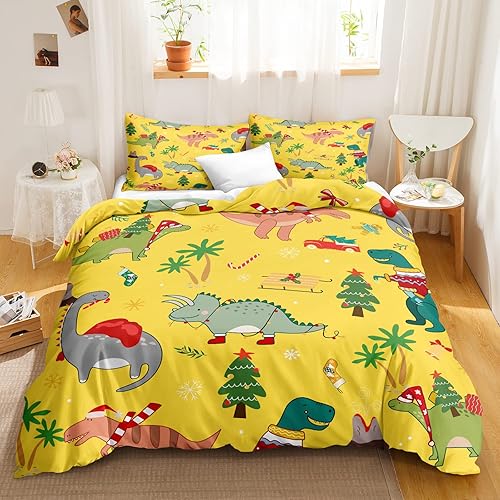 Juego de ropa de cama de dinosaurio, juego de funda de edredón de dibujos animados de dinosaurio verde y gris, ropa de cama de 2 piezas de
