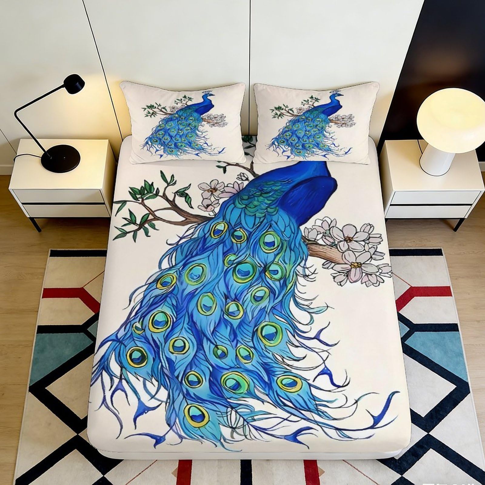3D Printed Blue Peacock Blossom Fitted Sheet Microfiber Soft Breathable Floral Mattress Cover for Bedroom Guest Room Decor 120x200x25cm