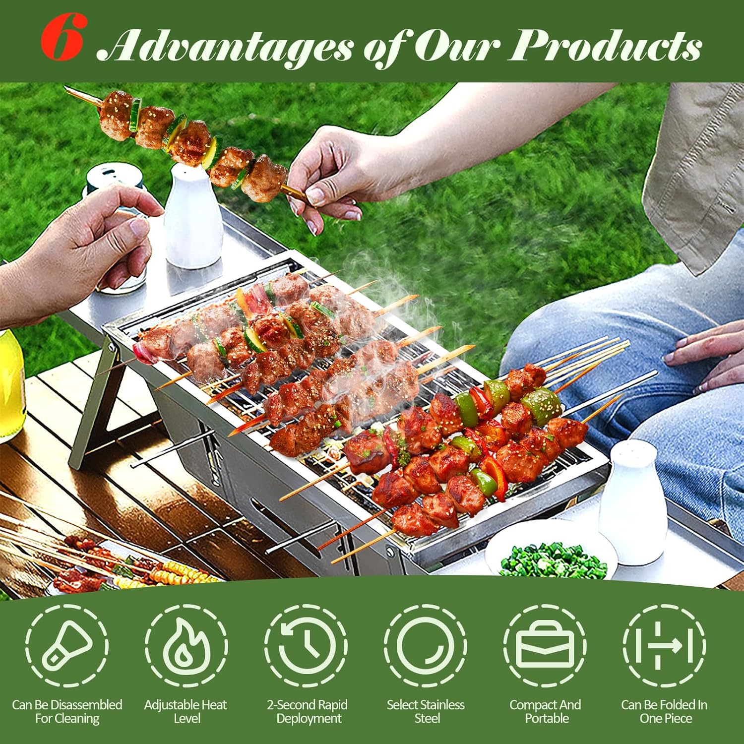 Portable Charcoal Grill, 17-inch Outdoor Grill, Folding Stainless Steel 304 for Camping Tabletop Suitable for Camping Picnic Beach - Stainless Steel BBQ Grill for Outdoor