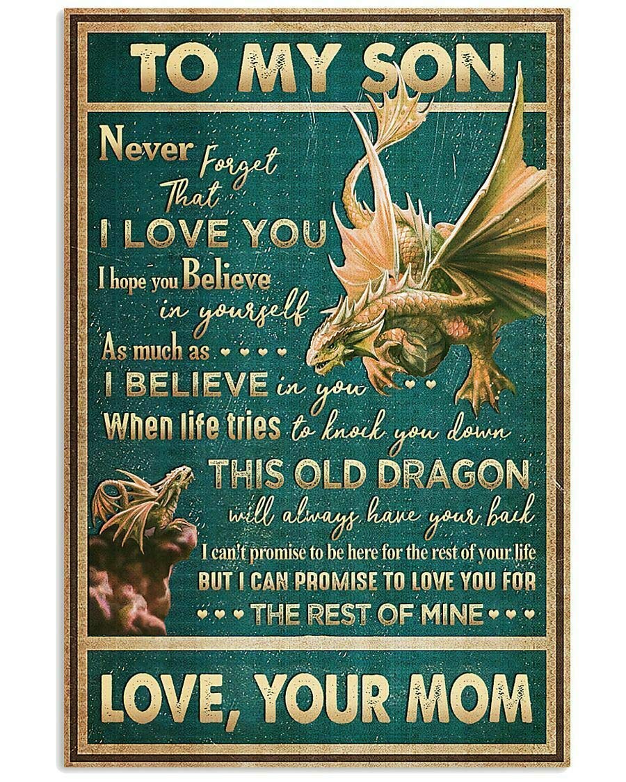 To My Son Never Forget That I Love You From Mom Dragon Poster Tin Metal Sign Wall Decor Fun Decoration For Home Kitchen Bar Room Garage Vintage Retro Poster Plaque 8x12 Inch