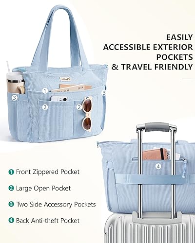 Vista 7 de Bolsa tote de pana para mujeres, 17 bolsillos para laptop de trabajo, ligera, para maestras, enfermeras, bolsa de hombro bíblica para escuela, negro