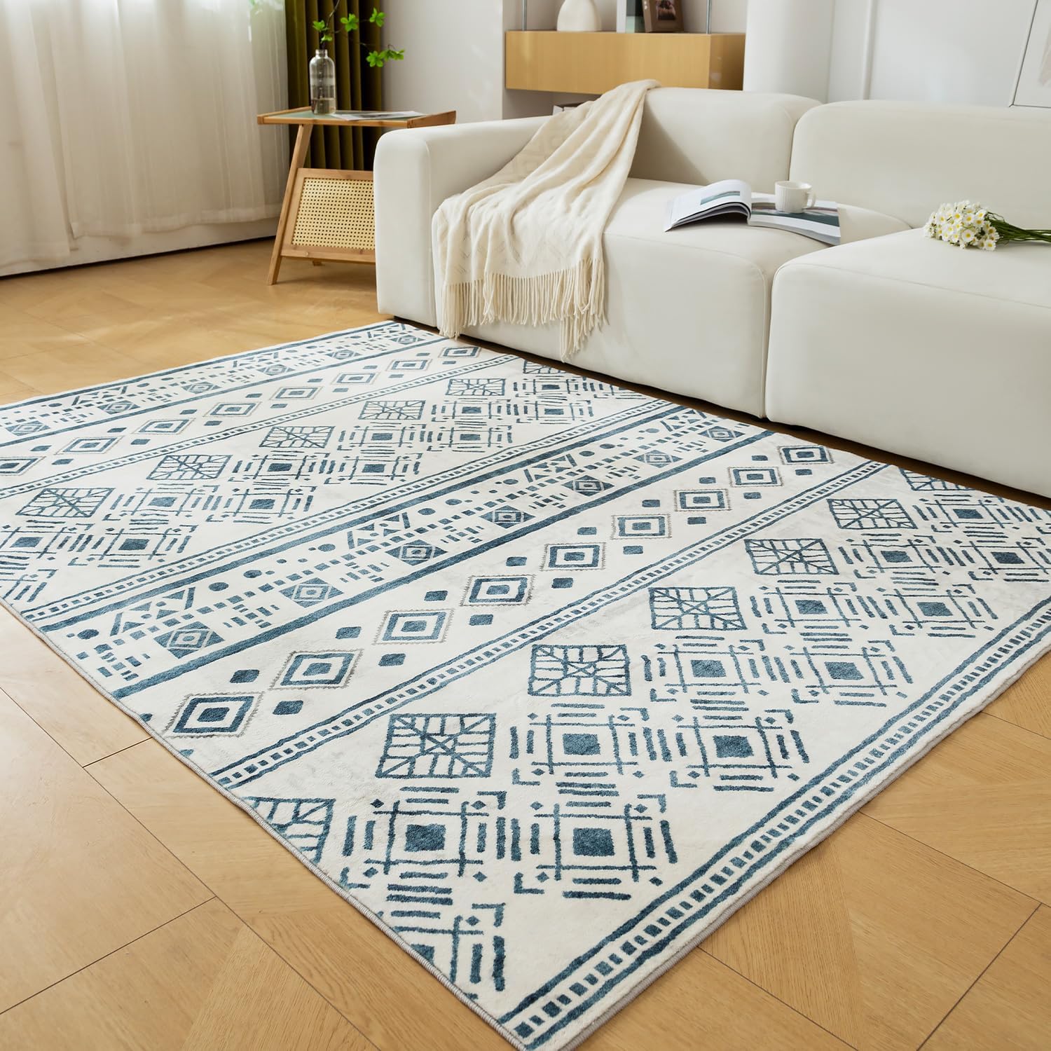 Loartee Geometric Moroccan Area Rug - 4x6 Machine Washable Mat, Stain Resistant, Low Pile Softer Texture Modern Carpet, Blue