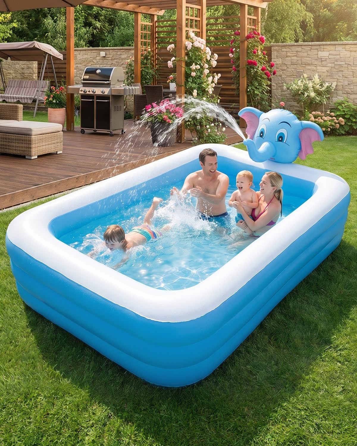 Aufblasbarer Swimmingpool Planschbecken mit Sprinkler 3D-Elefantenkopf 200 x 150 x 50 cm Familienpool