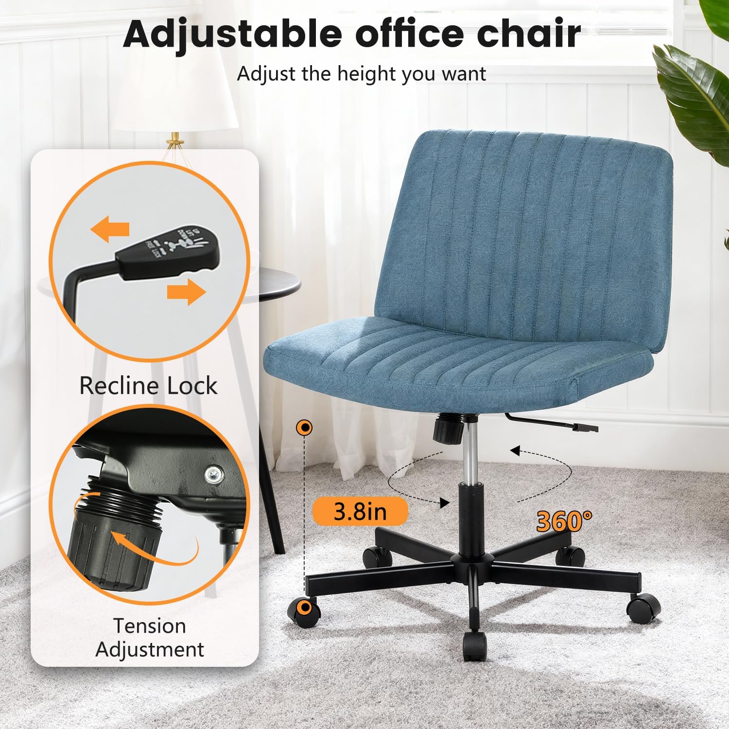 FDW Criss Cross Chair with Wheels Cross Legged Office Desk Modern Swivel Height Adjustable Wide Seat Computer Task Vanity Chair Comfy Fabric Armless Seating for Home Office
