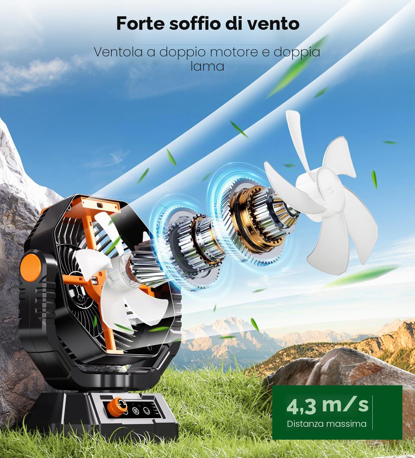 Ventilatore da Campeggio con Lanterna a LED, 20000 mAh Ventilatore da Tavolo con Telecomando e Gancio, Rotazione di 270°, Velocità Continua, Modalità Timer, per Tenda da Interno ed Esterno（Arancia）