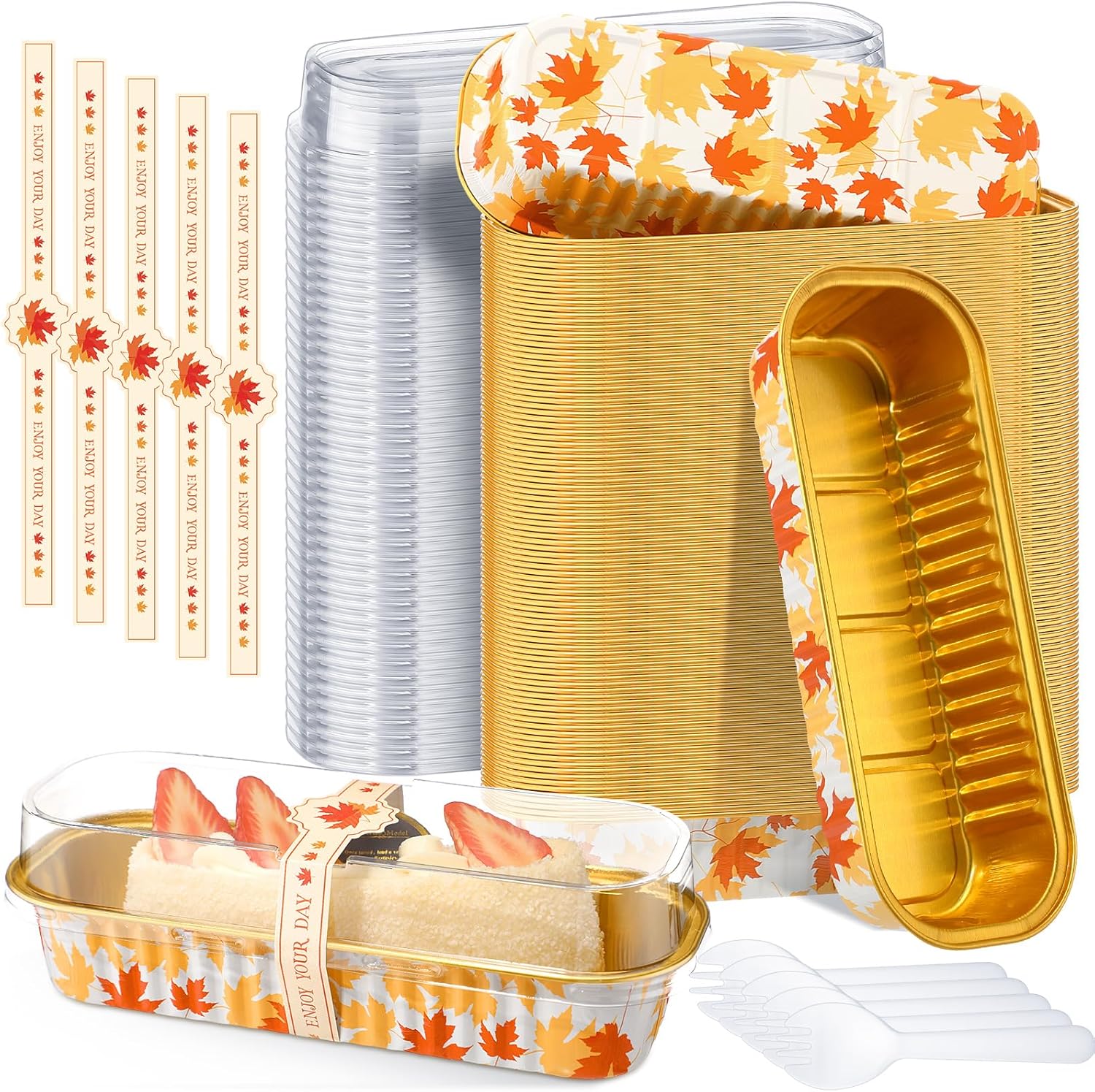 Tioncy 50 Pcs Thanksgiving Mini Pink Loaf Pans with Lids Spoons Sticker Maple Leaf 6.8oz Disposable Rectangle Aluminum Foil Baking Pans Muffin Cupcake Cups for Picnics Christmas Birthday Party Supply