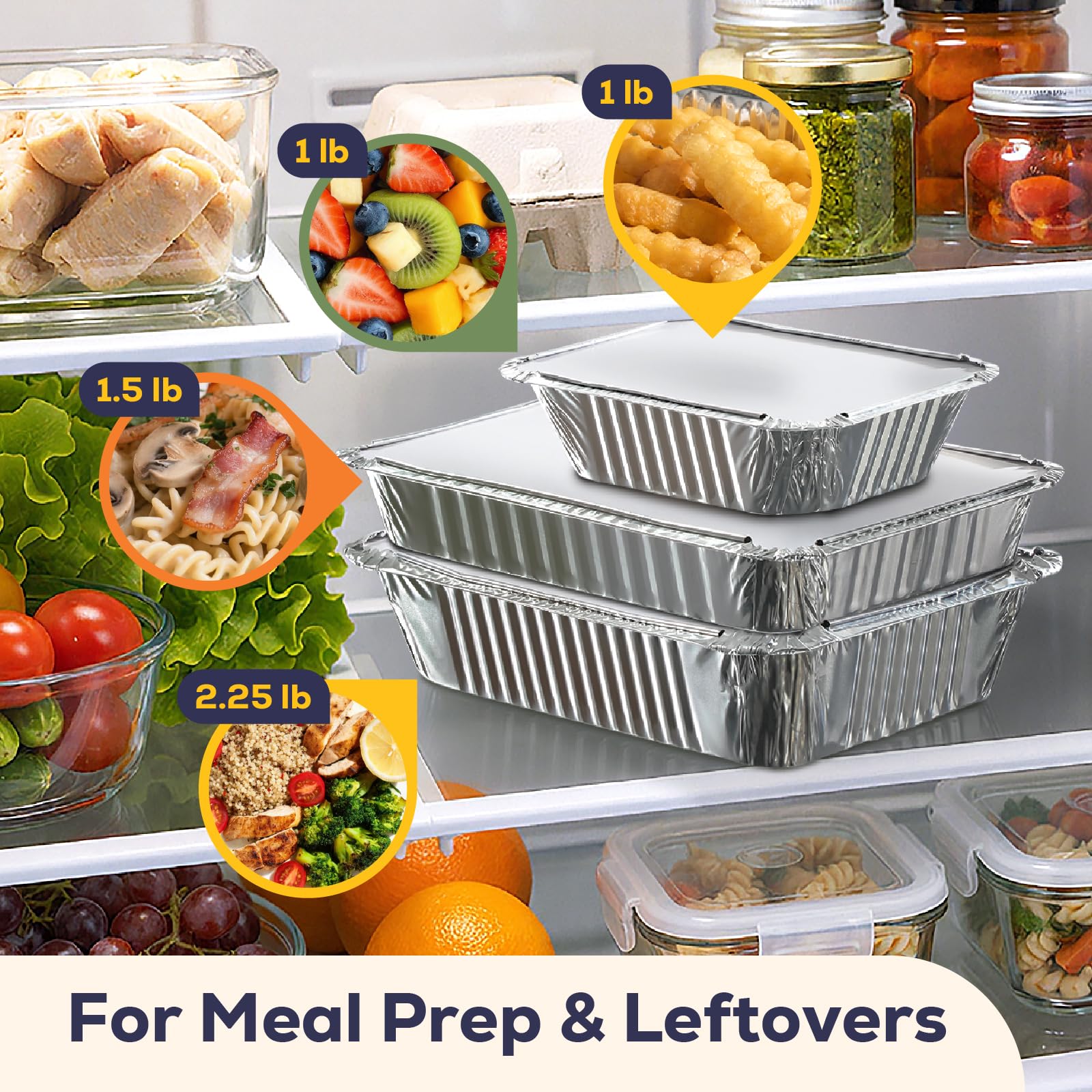 Fit Meal Prep Rectangular Vajilla de Aluminio Pan saca los envases de alimentos con tapas de cartón plano, mesa de vapor para hornear sartenes, 32 oz, 2.25 Lb, Quart 100 Paquete Plata