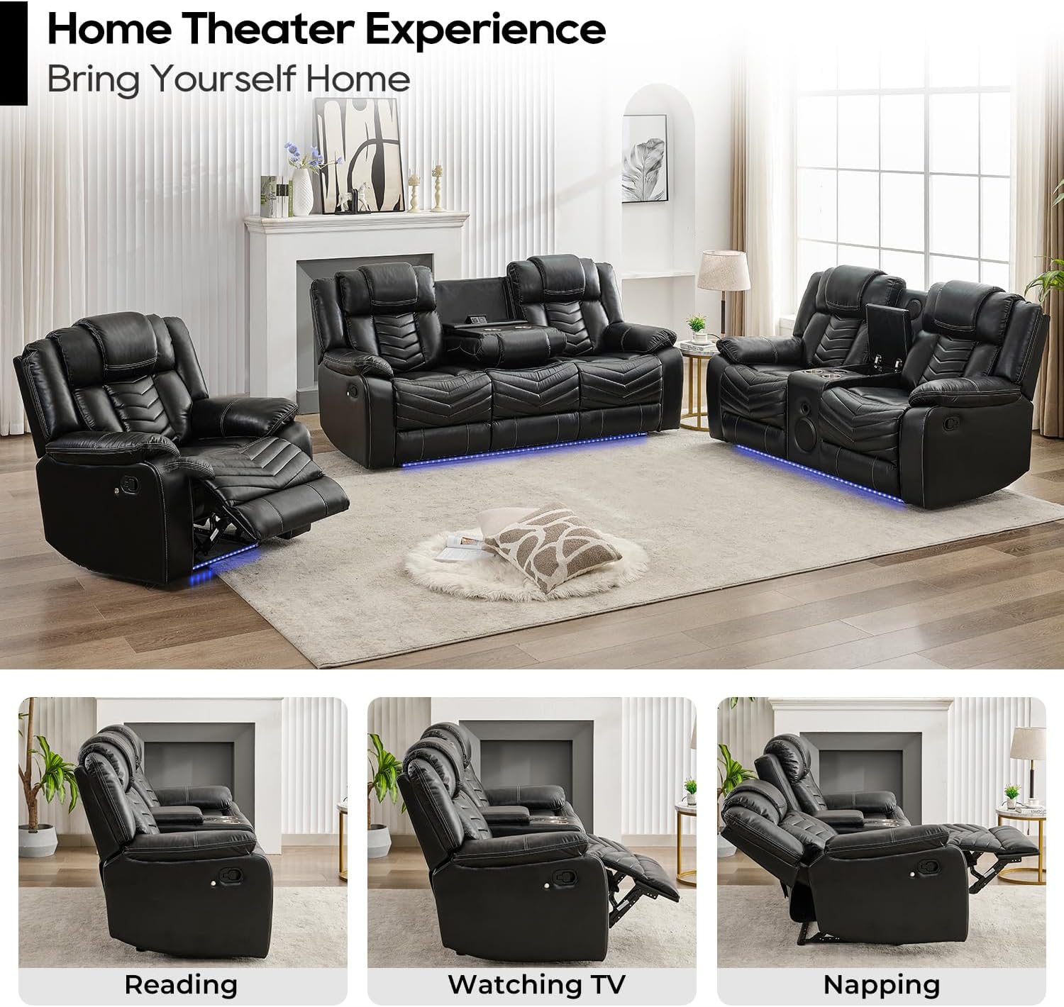 Manual Recliner Sofa Set 3 Piece with Wireless Charger for Living Room,Leather 3 Seater Reclining Couch with Bass Speaker and Loveseat Theater Seating,Home Electric Recliner Chair with LED Light,Black