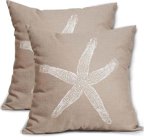 Sweetshow Juego de 2 fundas de almohada decorativas de lino con estrellas de mar color tostado, de 16 x 16 pulgadas, decoración para el hogar, cama,