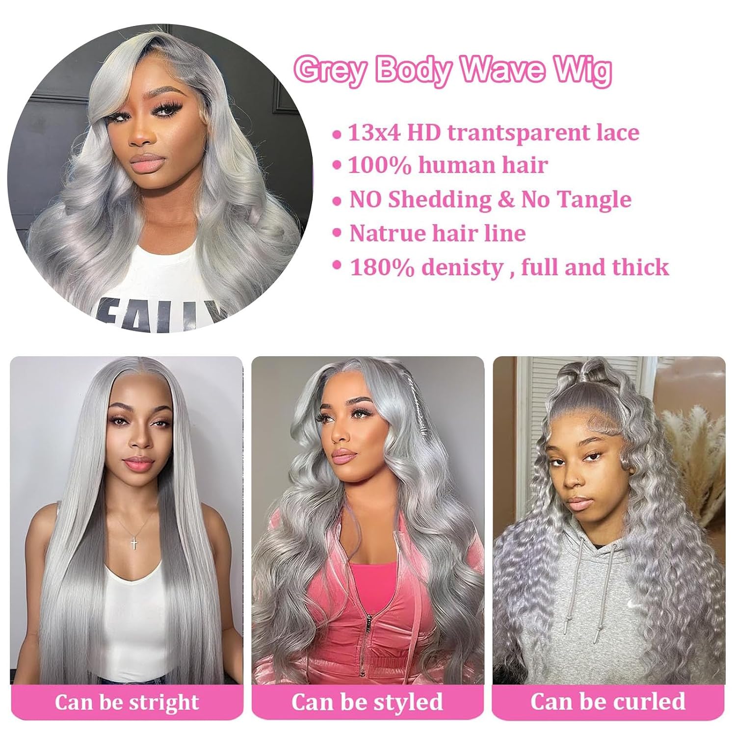 24 Inch Grey Body Wave Lace Front Wigs Human Hair 180 Density Glueless HD Transparent 13x4 Lace Frontal Wig Pre Plucked With Baby Hair Gray Lace Closure Wigs For Women