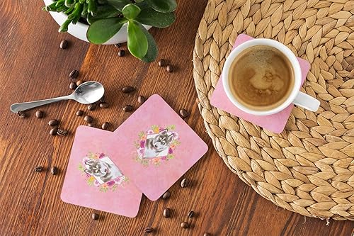 Miniatura 4 de Caroline's Treasures CK4152FC Siberian Husky #2 - Juego de 4 posavasos de espuma con diseño de flores rosadas, para interiores y exteriores,