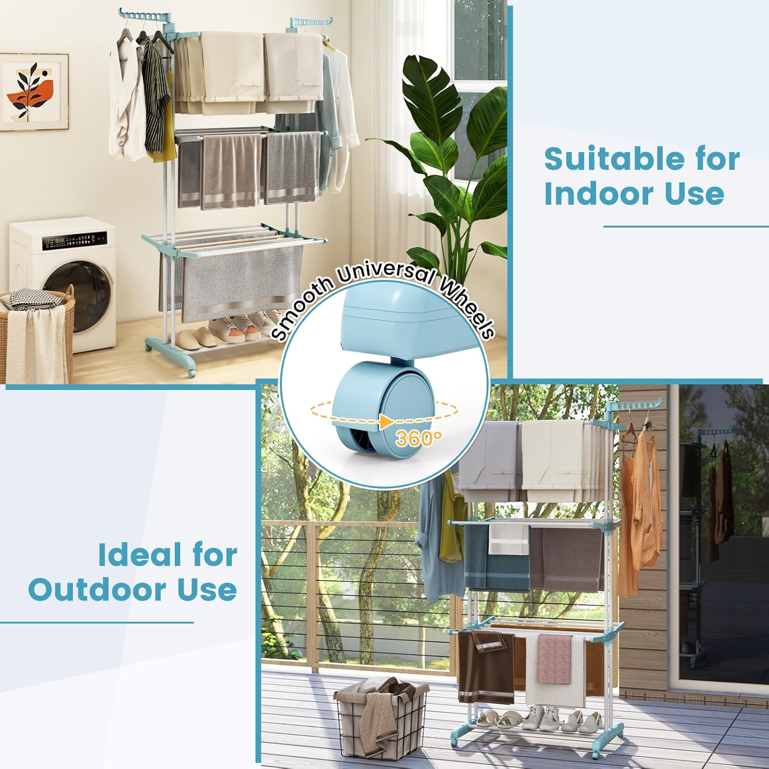 GOFLAME 4-Tier Clothes Drying Rack, Collapsible Clothes Horse Rack with Rotatable Side Wings and Foldable Shelves, Freestanding Garment Dryer Stand with Casters for Indoor and Outdoor Use, Blue