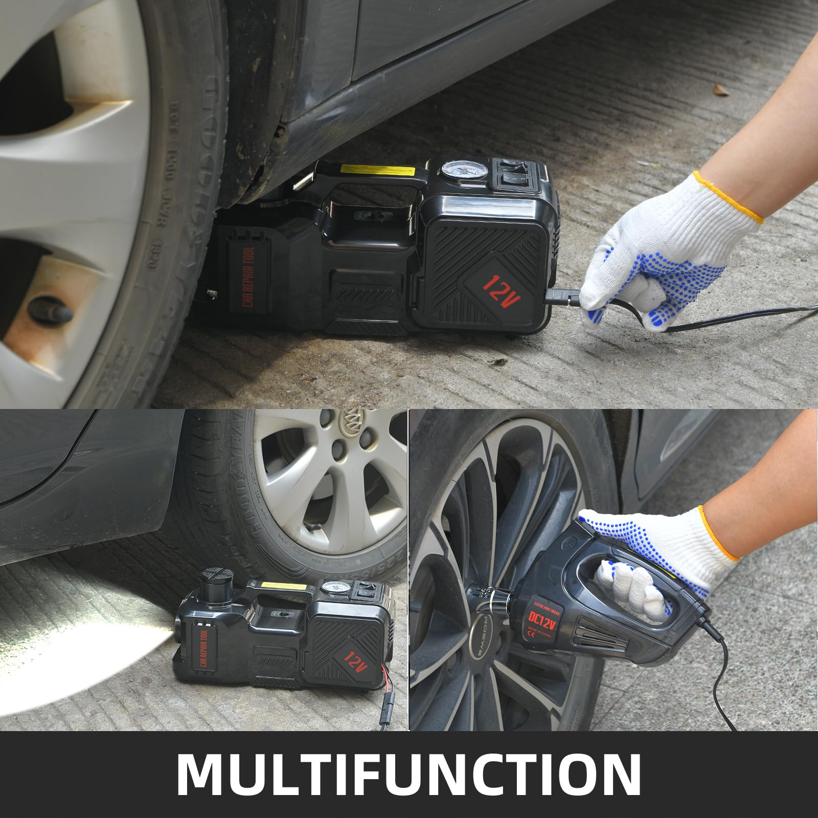 5 Tonnen Elektrischer Wagenheber Set mit Pumpe, 12 V tragbarer hydraulischer Wagenheber mit LED-Licht für SUV MPV Limousine | Hubhöhe Bereich von 6 bis 17,7