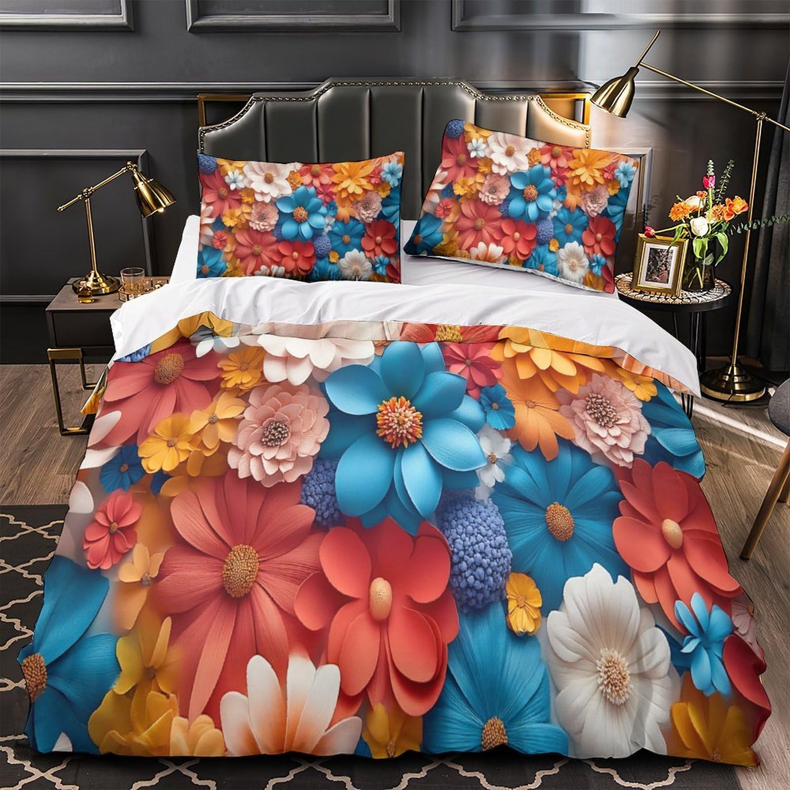 Housse de Couette 2 taies Respirant Papier Peint Floral 3D Parure Lit Microfibre 260x220