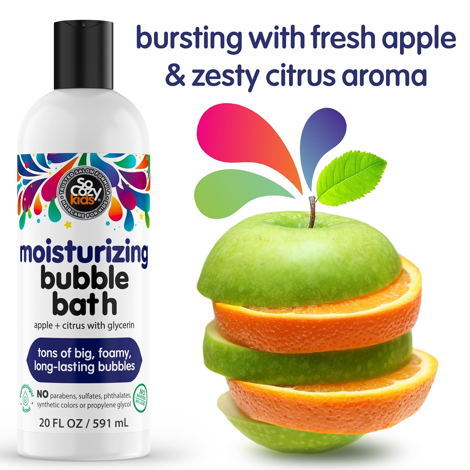 SoCozy Moisturizing Bubble Bath for Kids, Apple & Citrus Scent, with Aloe Vera and Glycerin, 20 FL OZ