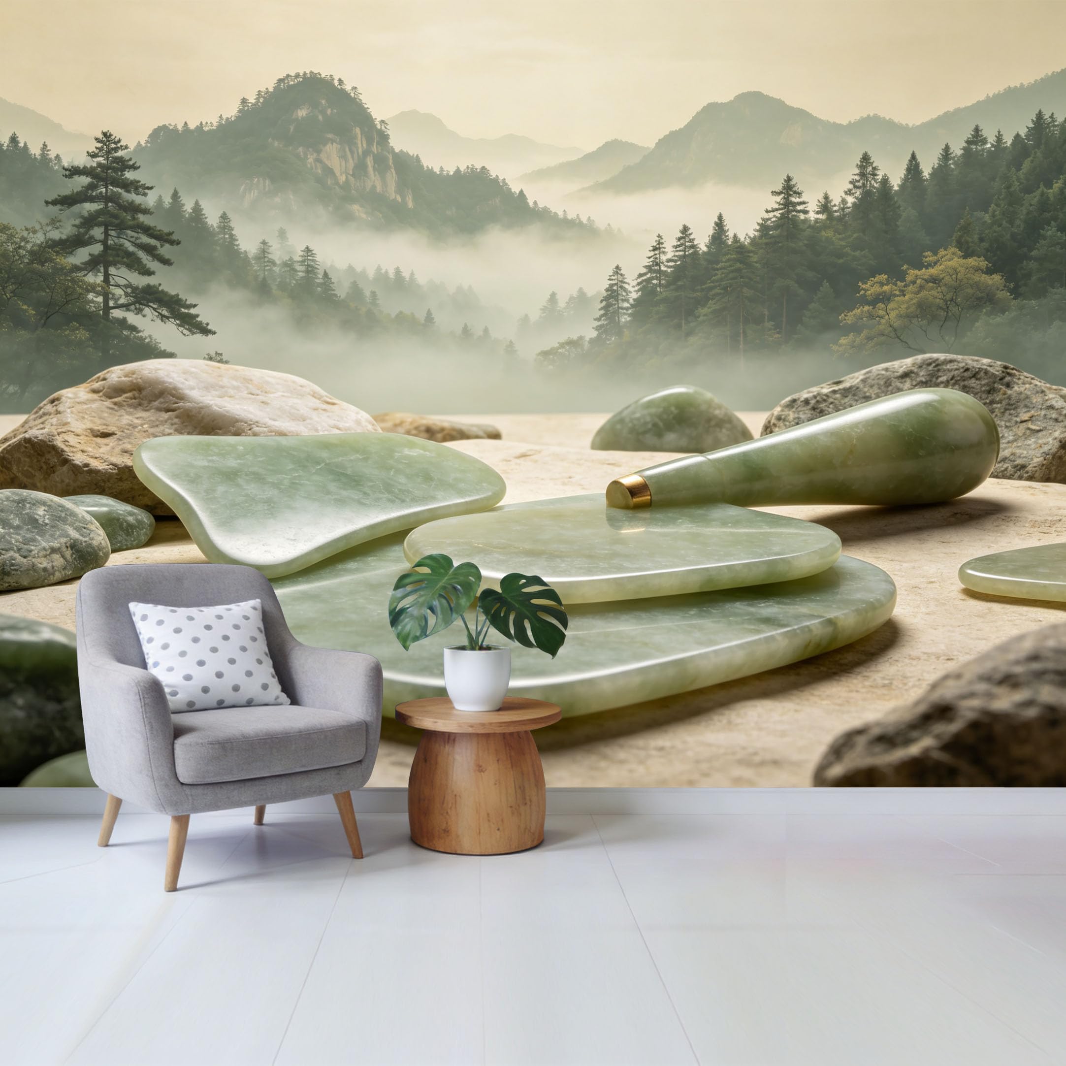 Qzlithotic Yq2605251078 Custom Size Wall Mural Serene Mountain Lake Mist Landscape Green Jade Stone Texture Selfadhesive Wall Fabric Removable Wallpaper For Home Office Decor