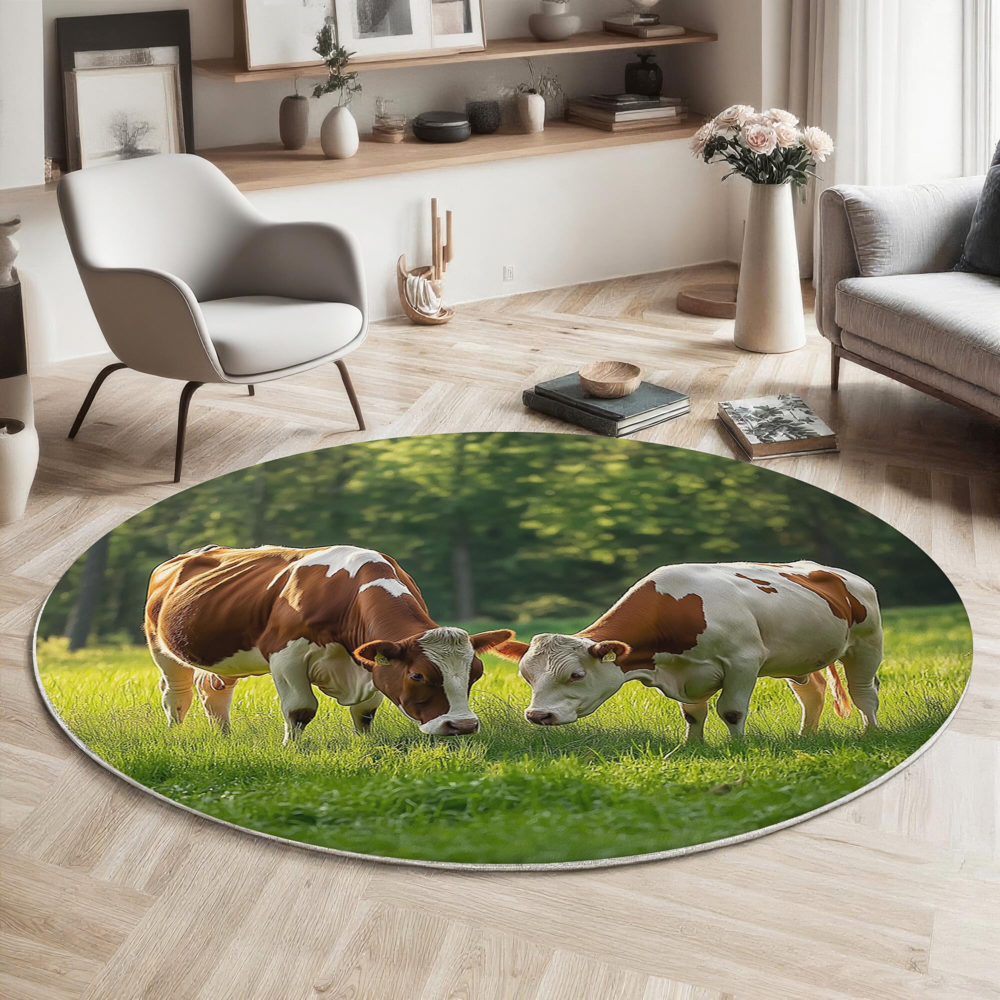 Tapis de zone ronde vaches animaux vert crée un coin de nature au salon
