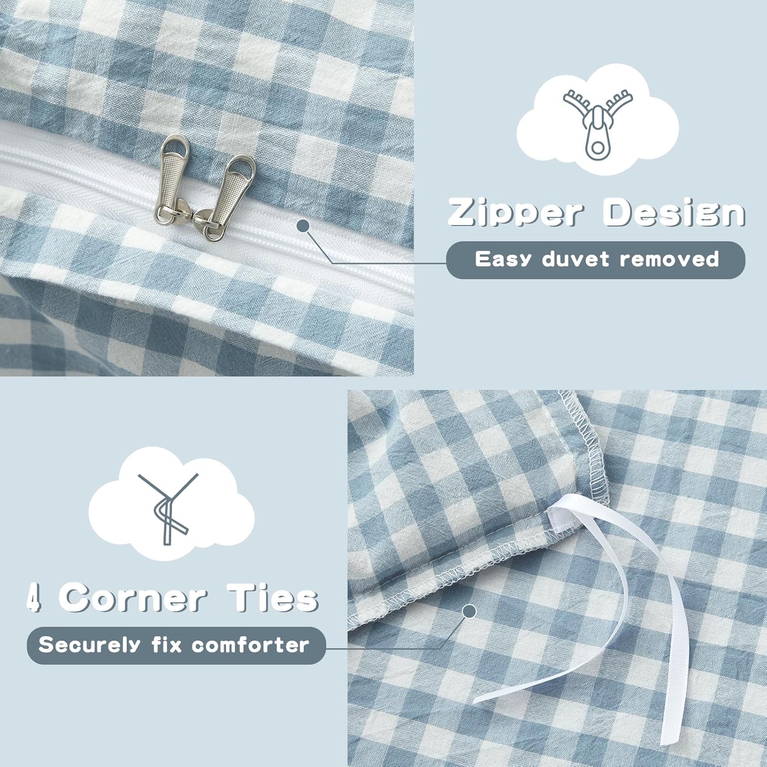 Dusty Blue Gingham Ruffle Duvet Cover King Size 3 Piece Cotton Blue Plaid Comforter Cover, Ruffled Shabby Chic Checkered Bedding Set with Zipper Closure & Corner Ties(Comforter Not Included)