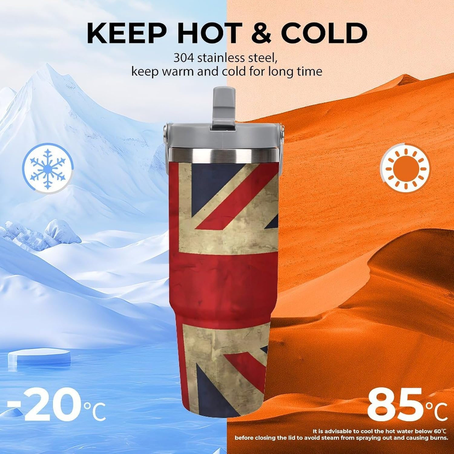 30oz Insulated Tumblers with Top Handle, Stainless Steel British Flag Car Cup with Straw for Gift, Leak-Proof Double Wall Vacuum Travel Mug, Personalized Water Bottles White